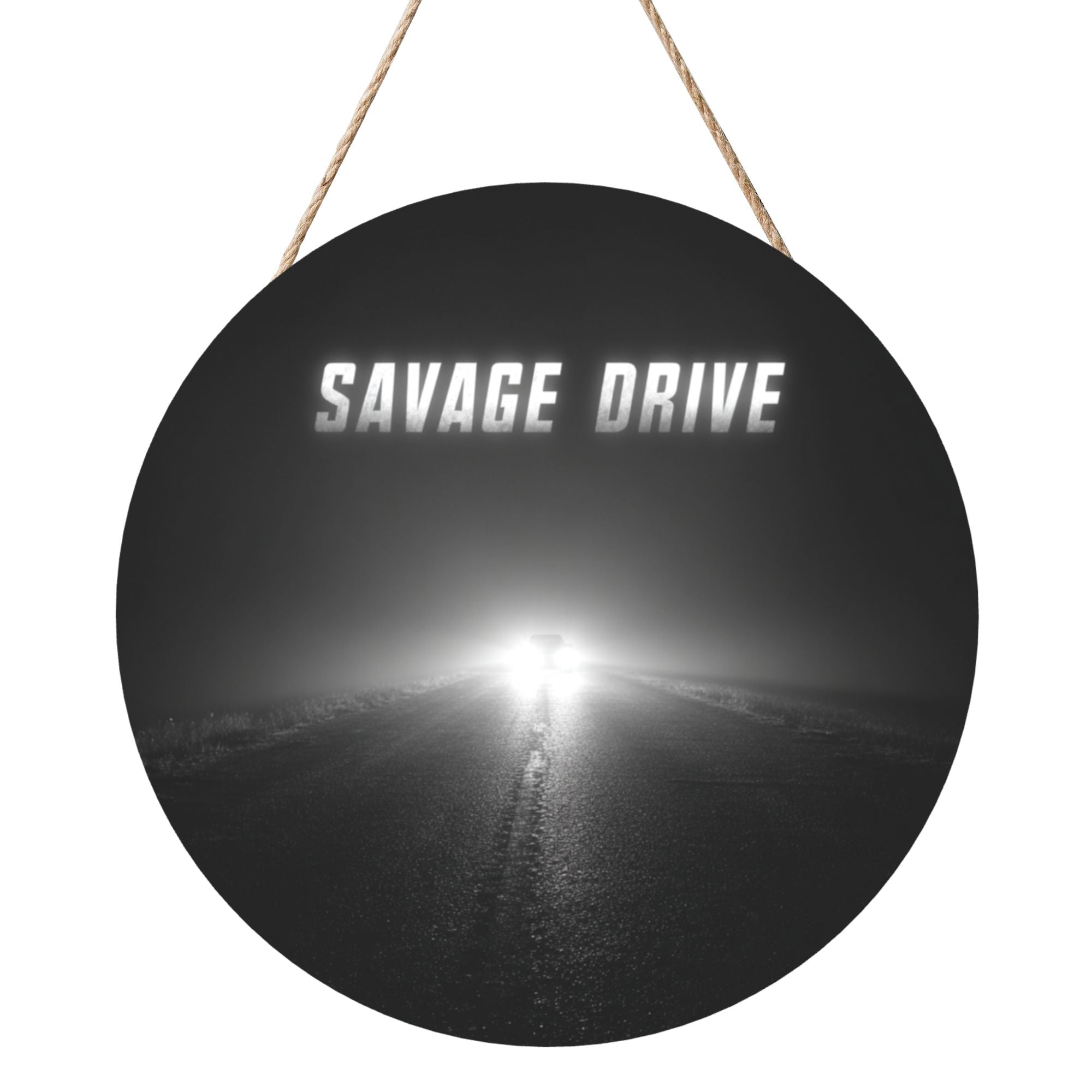 Black & White Minimalist Round Wooden Wall Art – 12" Diameter Retro Car Road Theme Hanging Décor, Thick Wood Panel with Waterproof Finish & Rope, Perfect for Living Room, Bedroom, Café, Bar, or Office
