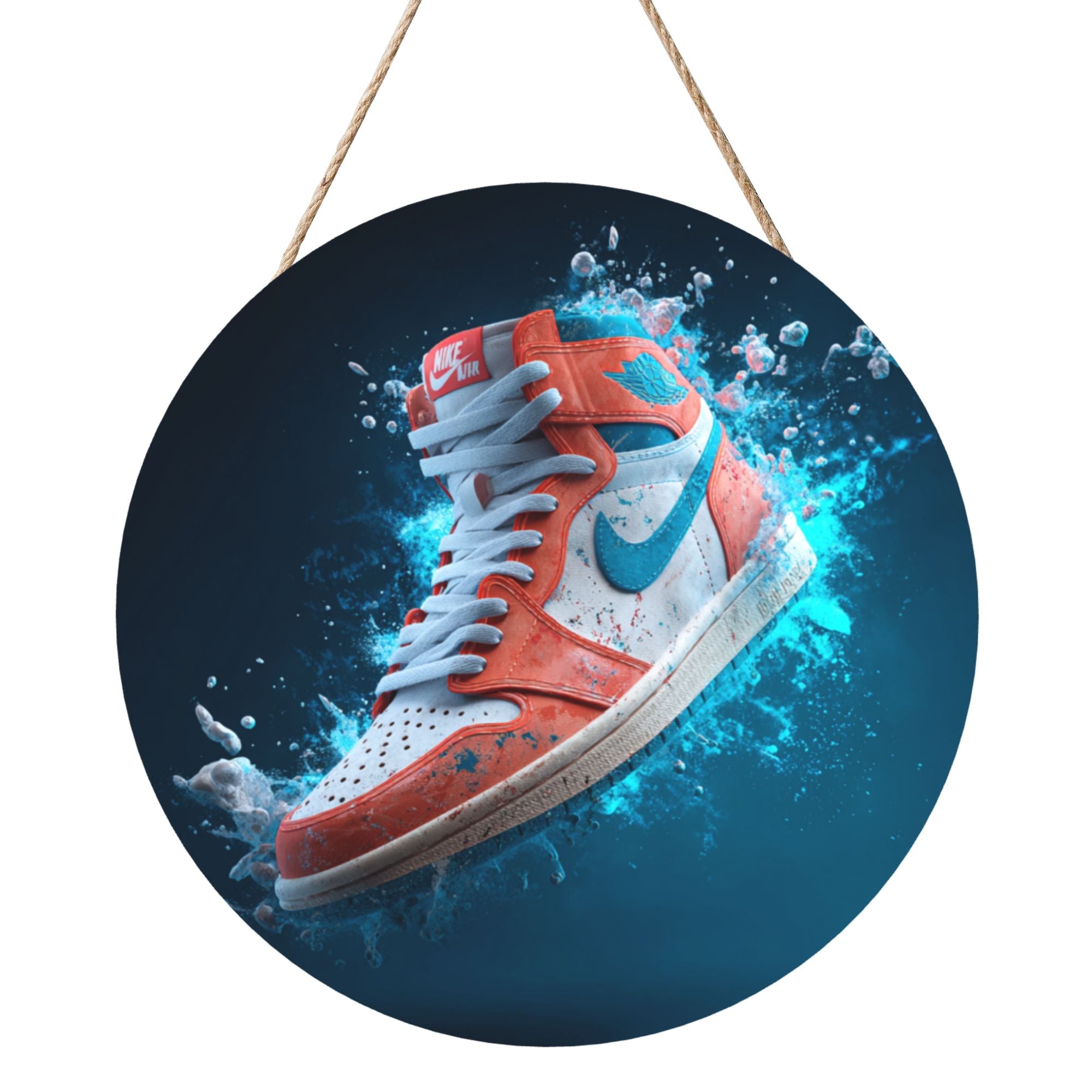 Sneaker Theme Round Wooden Wall Art – 12" Street Style Decorative Hanging Panel, Thick Wood Board, Waterproof Finish with Hanging Rope, Modern Home & Room Décor