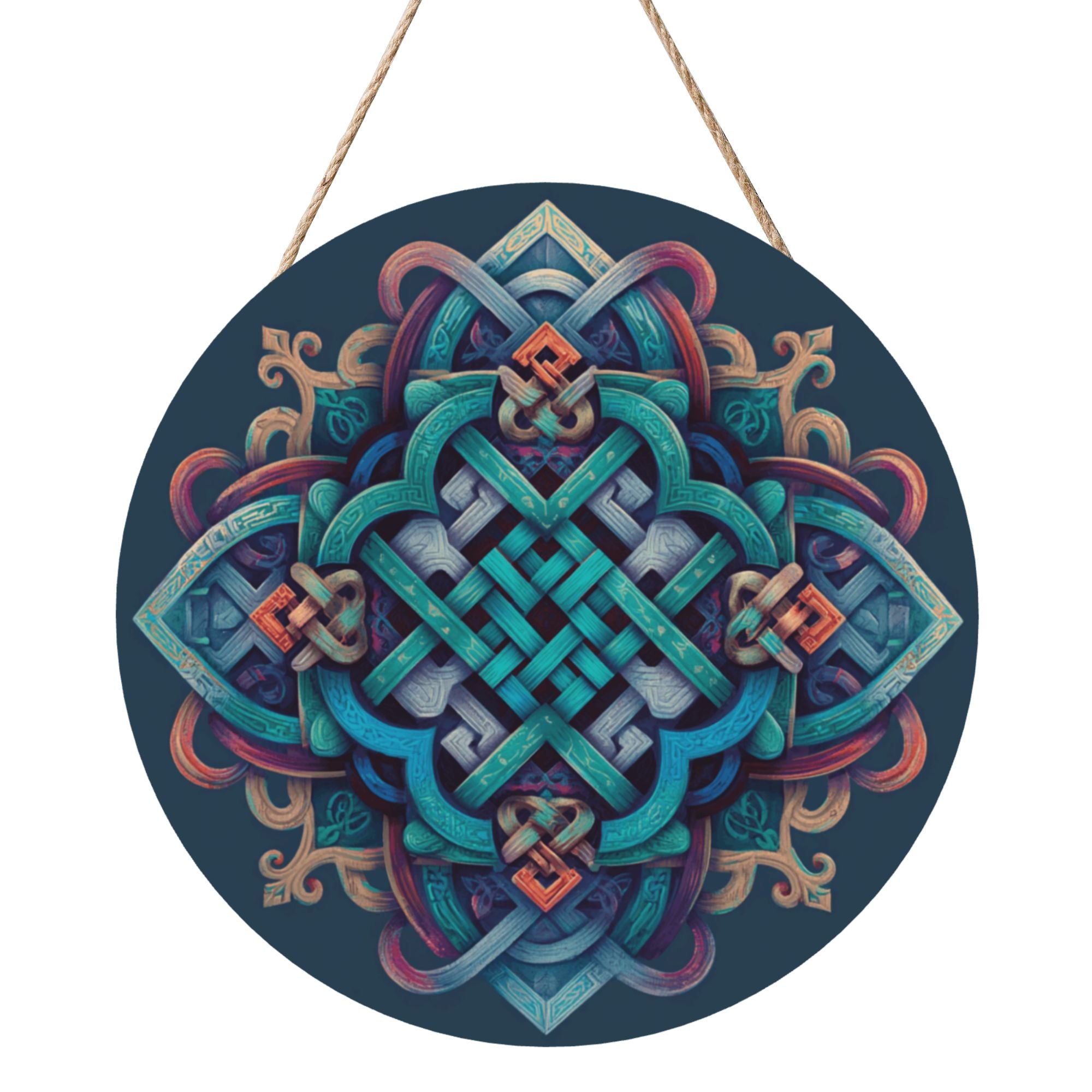 Celtic Knot Geometric Round Wooden Wall Art – 12" Decorative Hanging Panel, Thick Wood Board, Waterproof Finish with Rope, Artistic Home and Meditation Décor