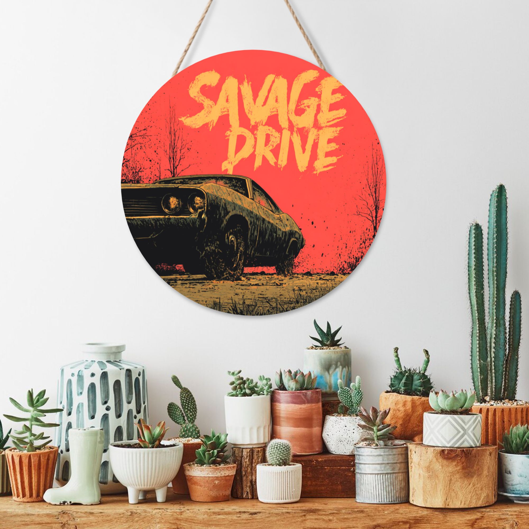 Creative Vintage Round Wooden Wall Art – 12" Hanging Décor, Thick Wood Panel with Waterproof Finish & Rope, Ideal for Living Room, Bedroom, Office, Café, or Studio