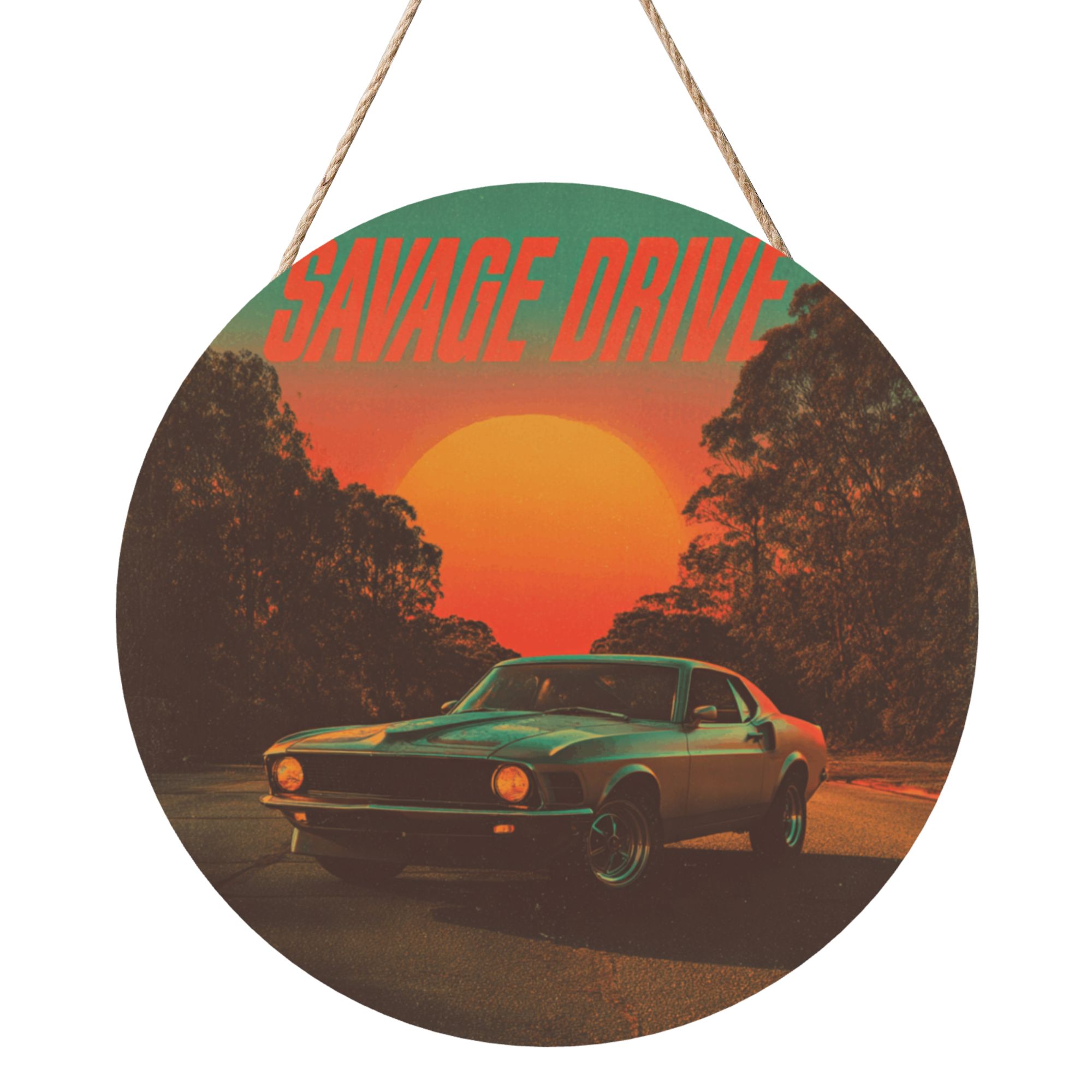 Vintage Car Theme Round Wooden Wall Art – 12" Diameter Waterproof Hanging Décor with Thick Wood Panel & Rope, Ideal for Living Room, Bedroom, Bar, or Studio