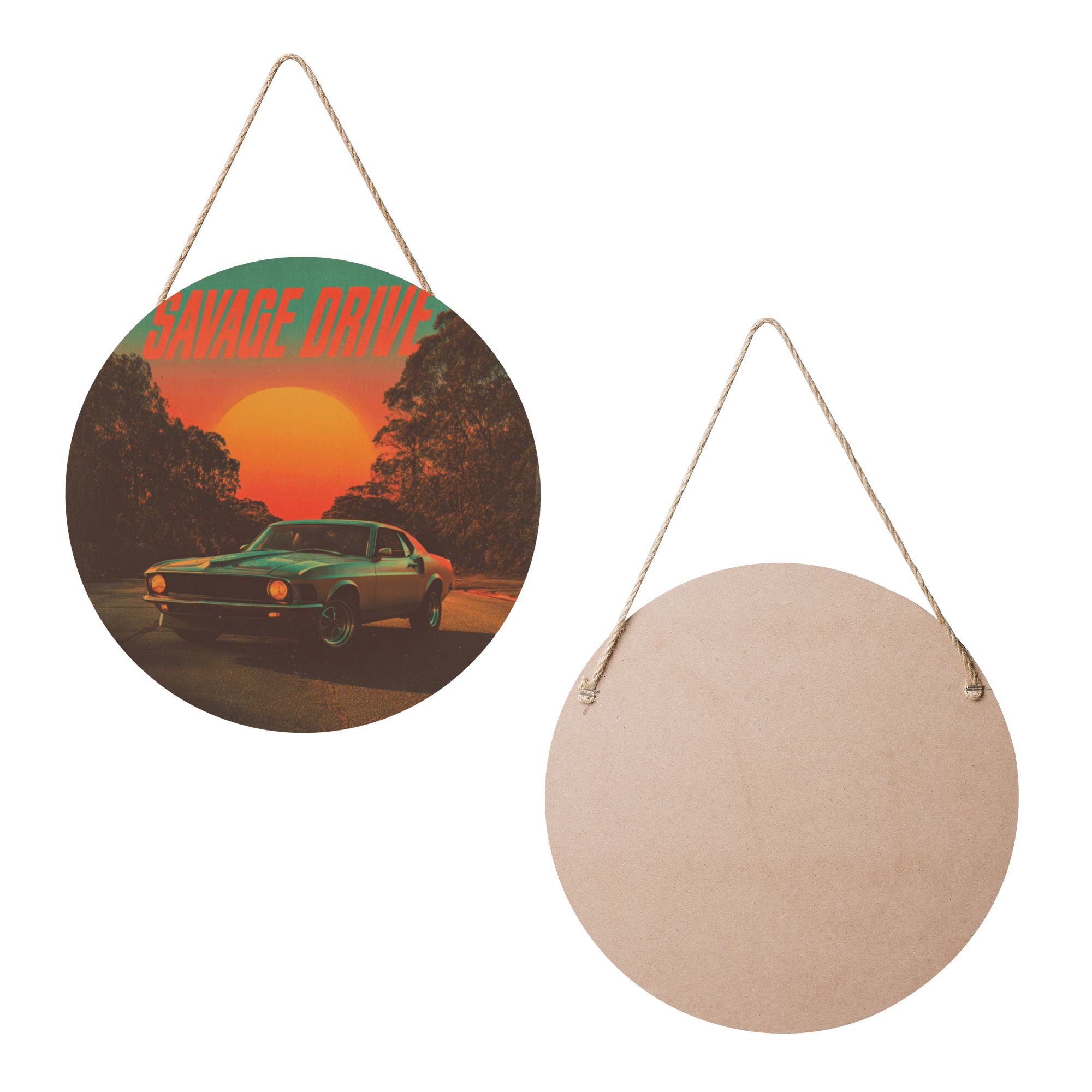 Vintage Car Theme Round Wooden Wall Art – 12" Diameter Waterproof Hanging Décor with Thick Wood Panel & Rope, Ideal for Living Room, Bedroom, Bar, or Studio