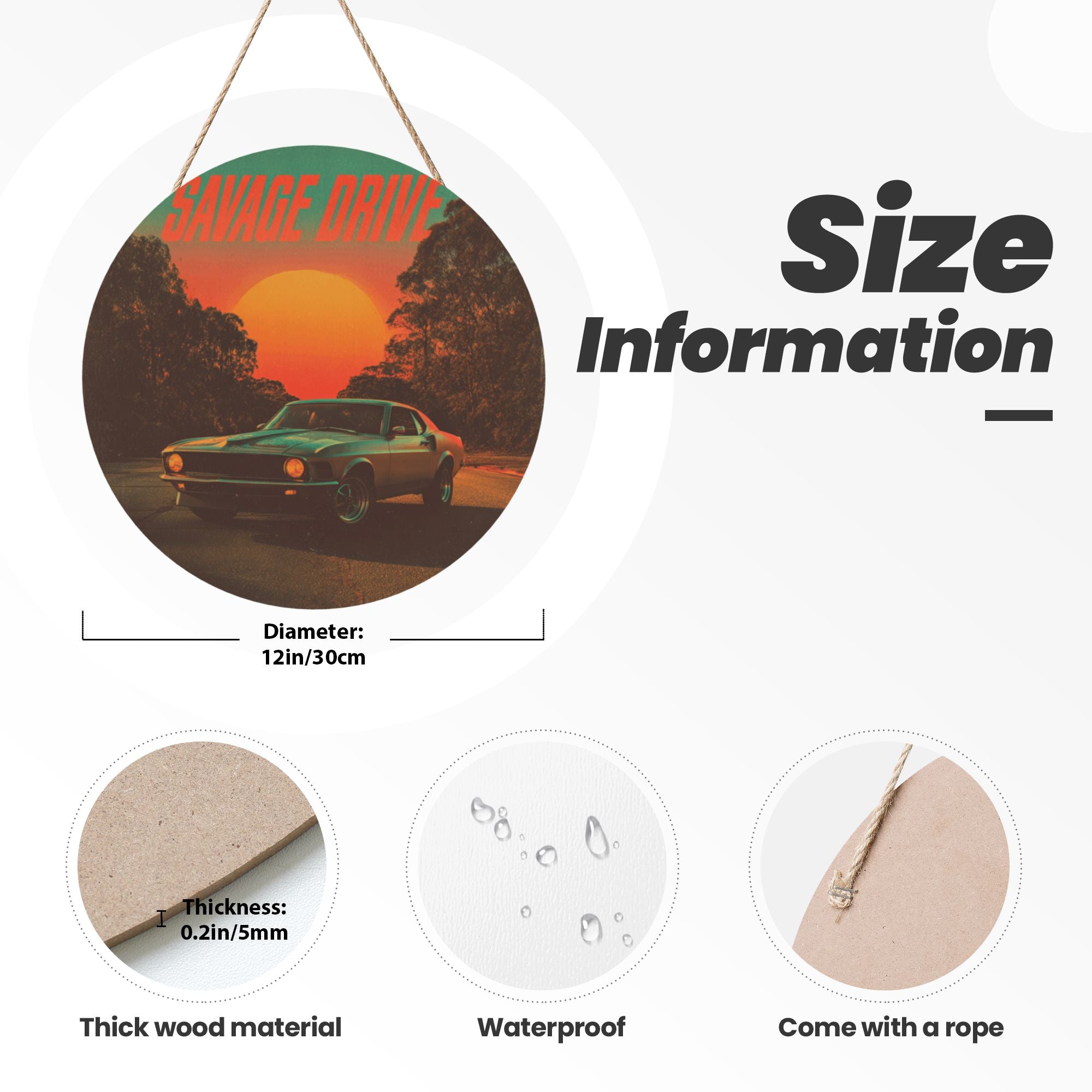 Vintage Car Theme Round Wooden Wall Art – 12" Diameter Waterproof Hanging Décor with Thick Wood Panel & Rope, Ideal for Living Room, Bedroom, Bar, or Studio