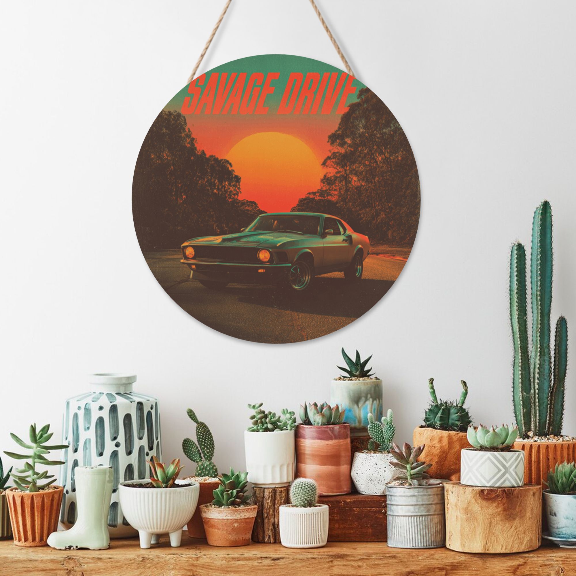 Vintage Car Theme Round Wooden Wall Art – 12" Diameter Waterproof Hanging Décor with Thick Wood Panel & Rope, Ideal for Living Room, Bedroom, Bar, or Studio