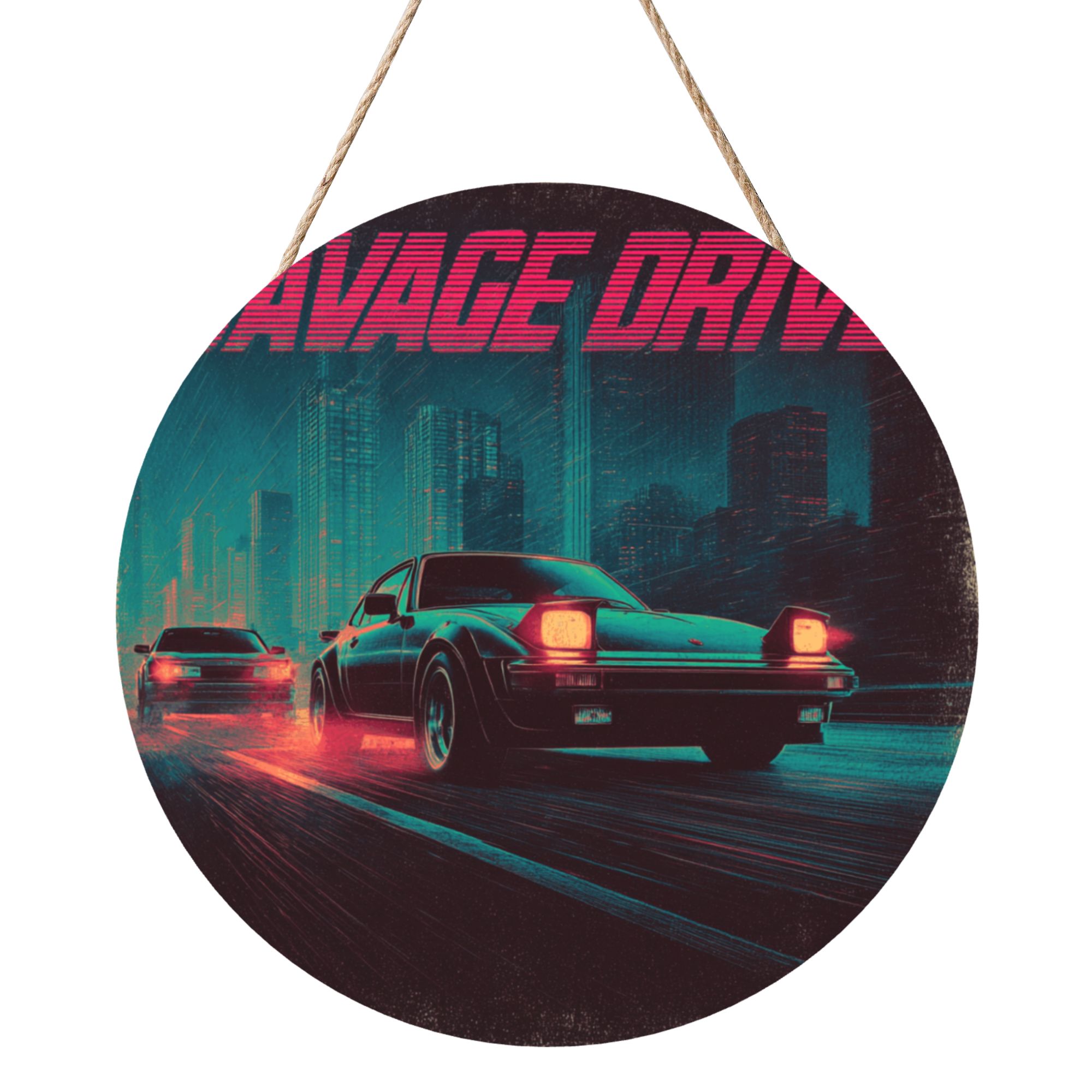 Night Racing Theme Round Wooden Wall Art – 12" Diameter Hanging Décor with Thick Wood Panel, Waterproof Finish & Rope, Perfect for Living Room, Bedroom, Office, Café, or Bar