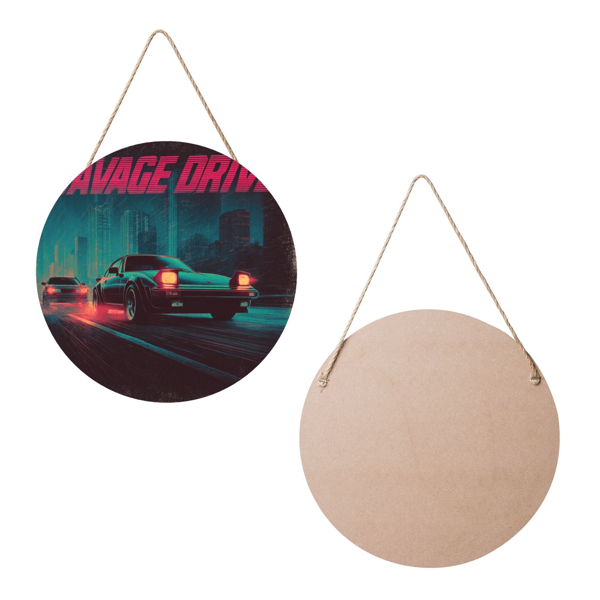 Night Racing Theme Round Wooden Wall Art – 12" Diameter Hanging Décor with Thick Wood Panel, Waterproof Finish & Rope, Perfect for Living Room, Bedroom, Office, Café, or Bar
