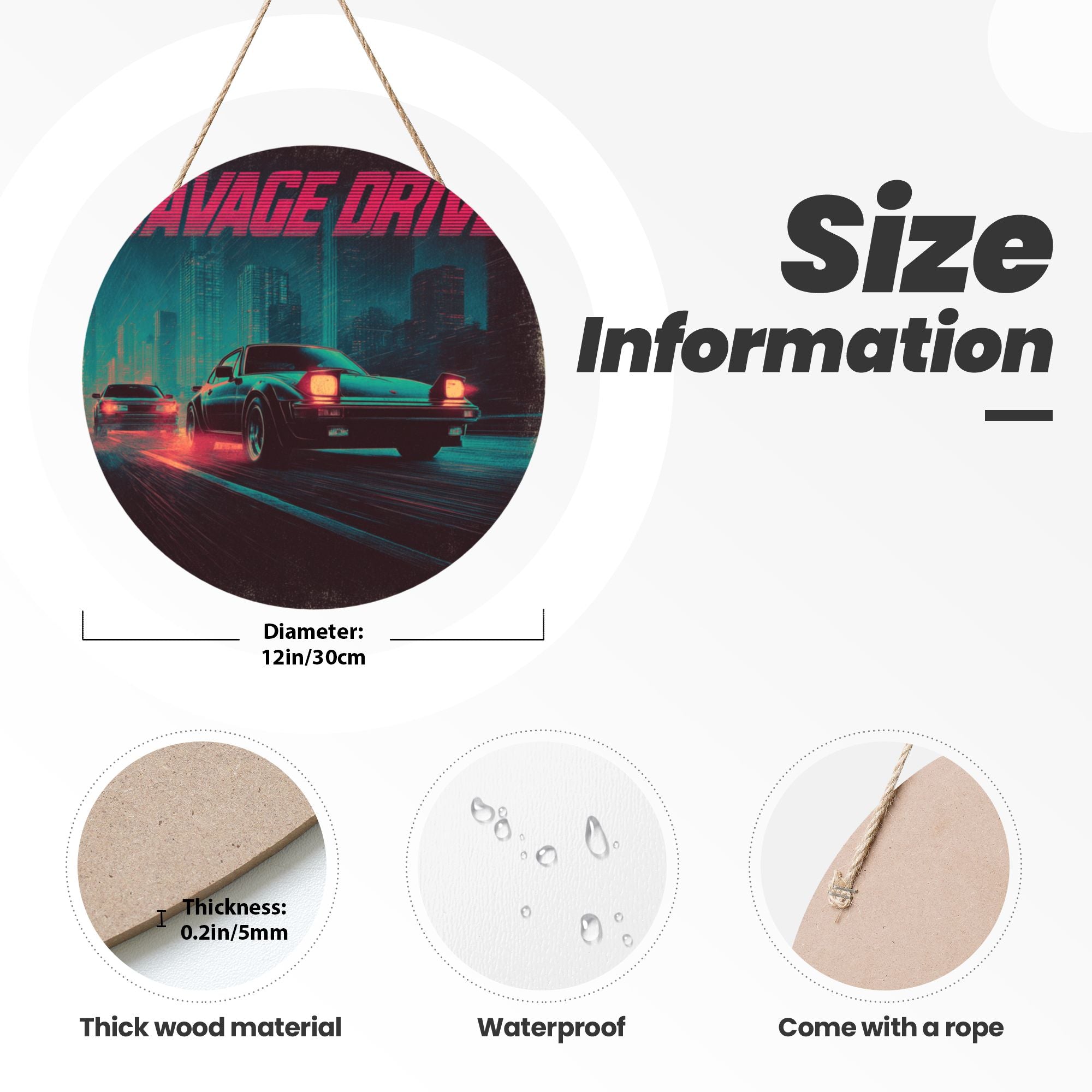Night Racing Theme Round Wooden Wall Art – 12" Diameter Hanging Décor with Thick Wood Panel, Waterproof Finish & Rope, Perfect for Living Room, Bedroom, Office, Café, or Bar