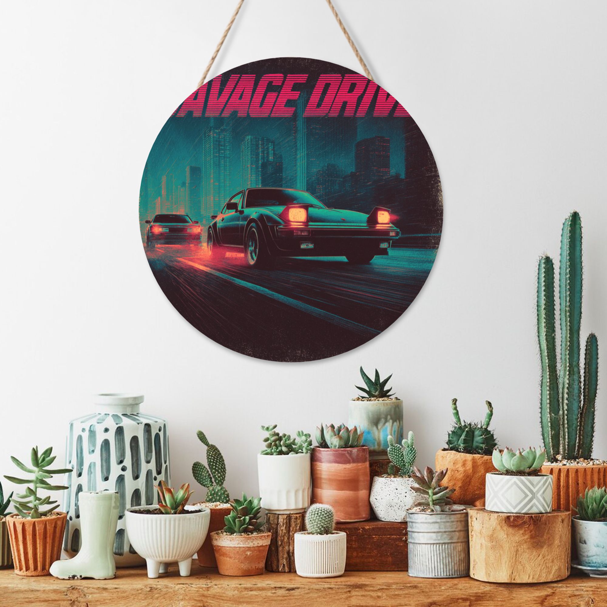 Night Racing Theme Round Wooden Wall Art – 12" Diameter Hanging Décor with Thick Wood Panel, Waterproof Finish & Rope, Perfect for Living Room, Bedroom, Office, Café, or Bar