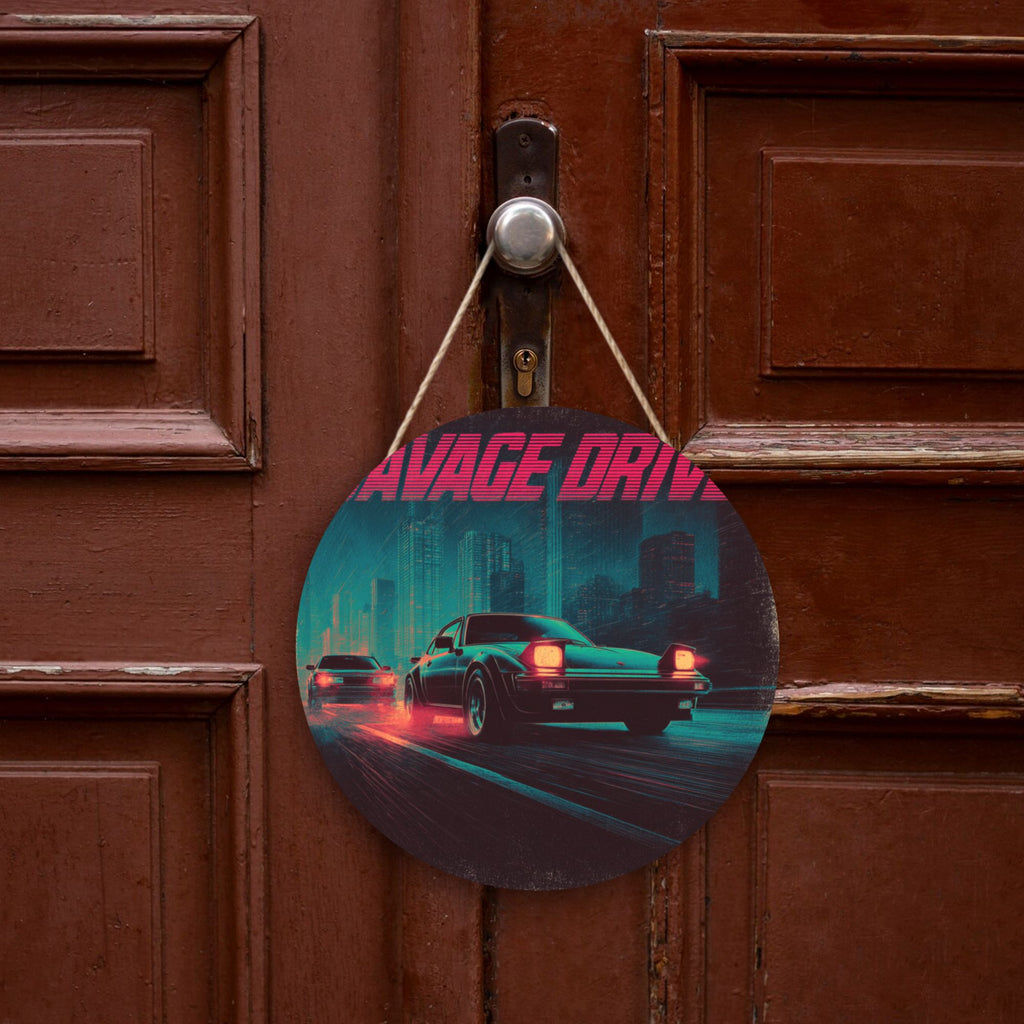 Night Racing Theme Round Wooden Wall Art – 12" Diameter Hanging Décor with Thick Wood Panel, Waterproof Finish & Rope, Perfect for Living Room, Bedroom, Office, Café, or Bar