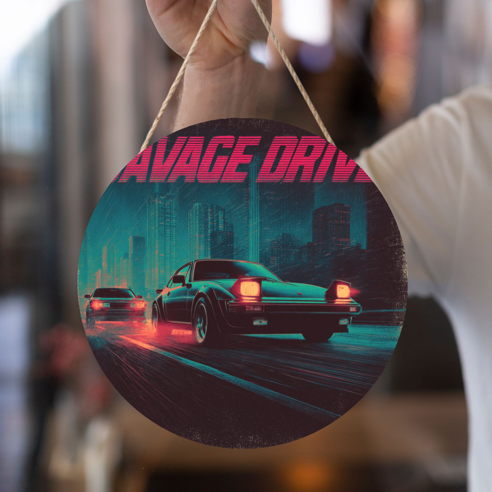 Night Racing Theme Round Wooden Wall Art – 12" Diameter Hanging Décor with Thick Wood Panel, Waterproof Finish & Rope, Perfect for Living Room, Bedroom, Office, Café, or Bar
