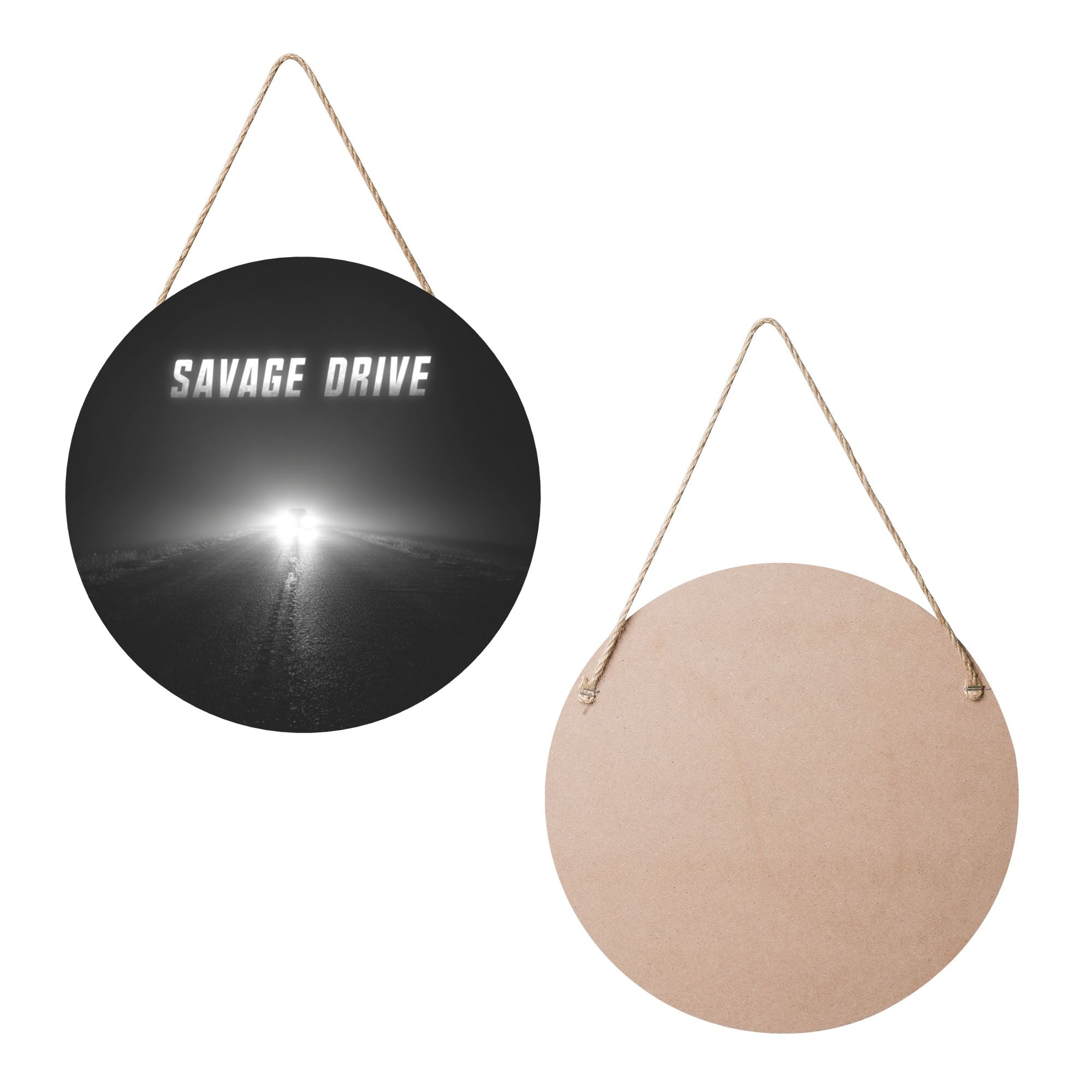 Black & White Minimalist Round Wooden Wall Art – 12" Diameter Retro Car Road Theme Hanging Décor, Thick Wood Panel with Waterproof Finish & Rope, Perfect for Living Room, Bedroom, Café, Bar, or Office