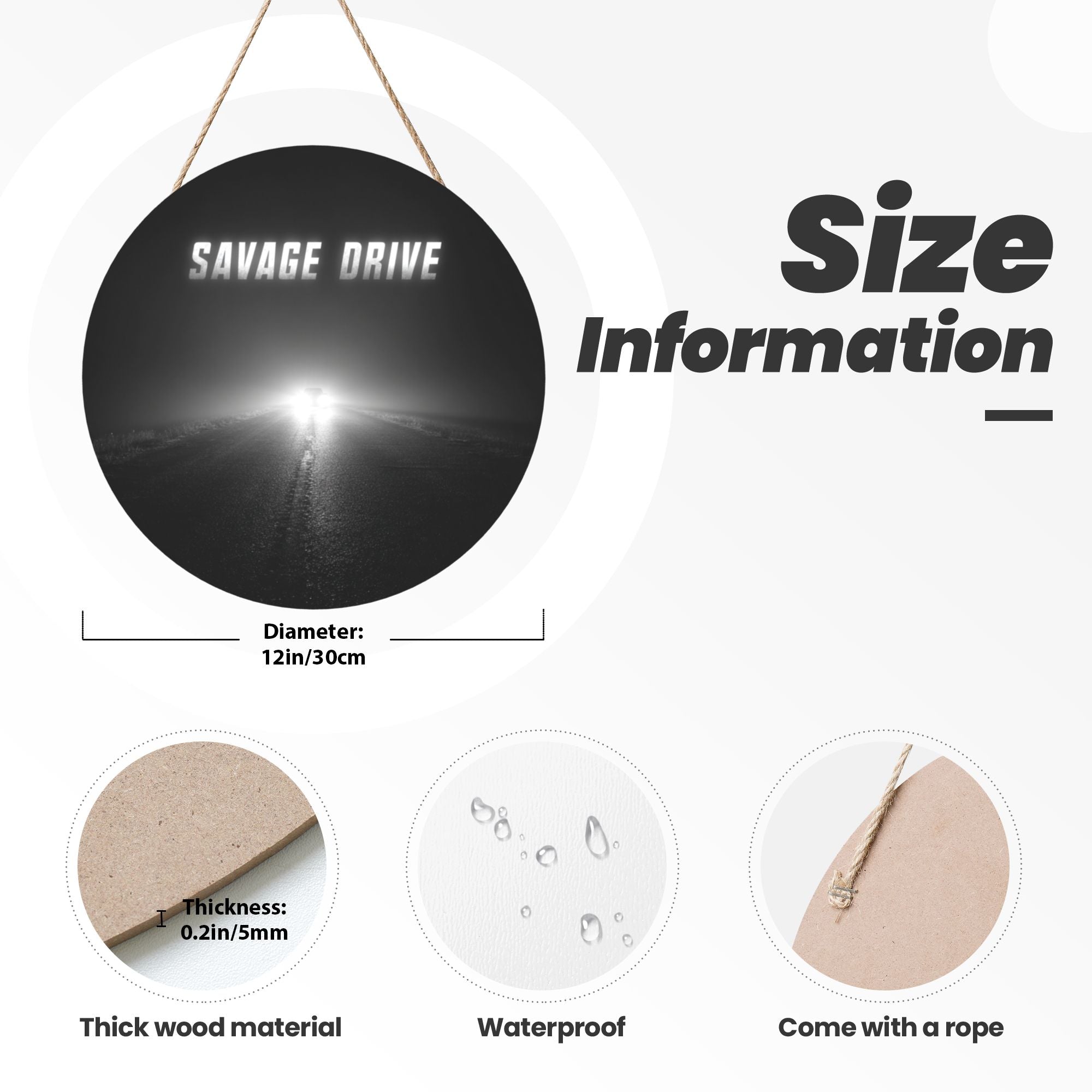 Black & White Minimalist Round Wooden Wall Art – 12" Diameter Retro Car Road Theme Hanging Décor, Thick Wood Panel with Waterproof Finish & Rope, Perfect for Living Room, Bedroom, Café, Bar, or Office