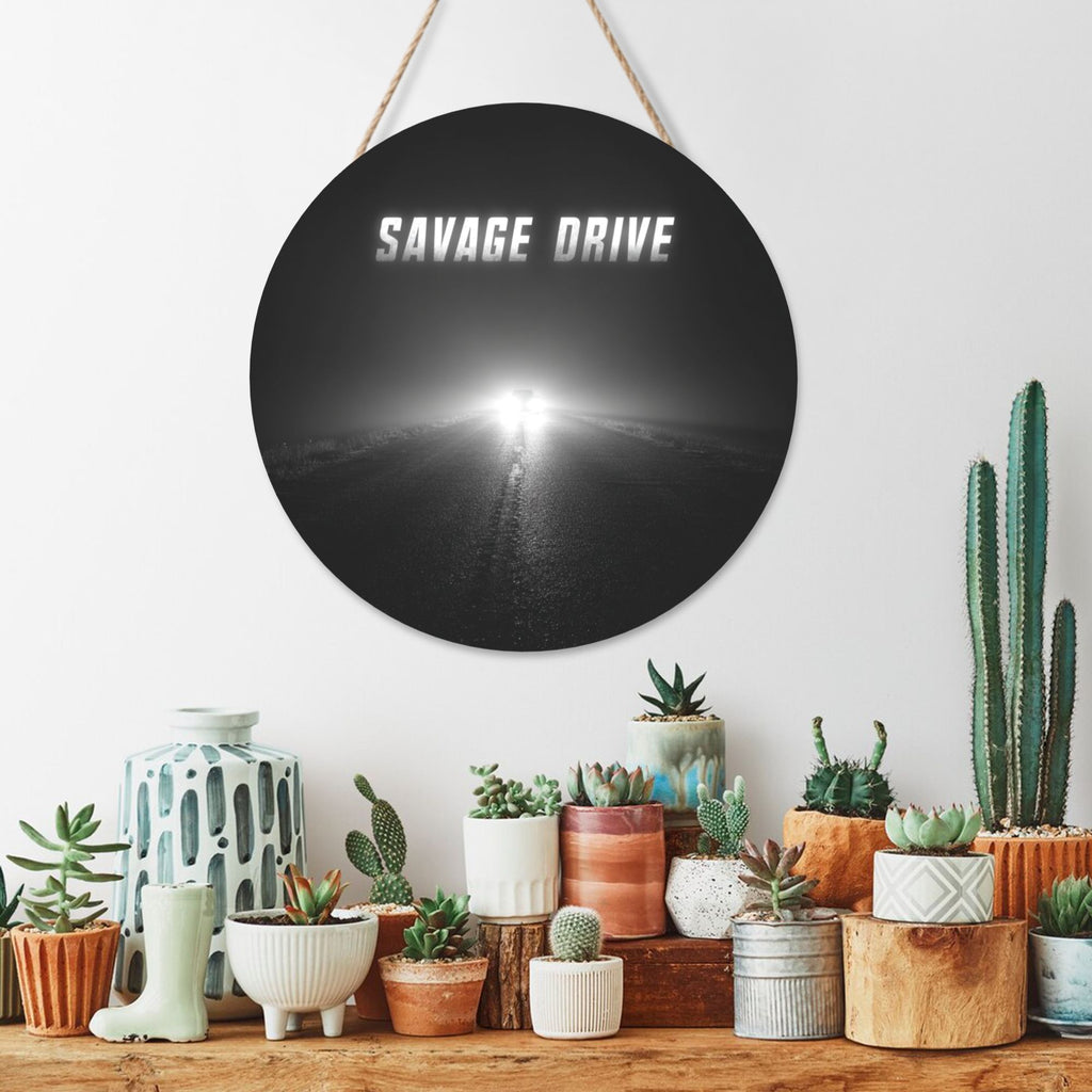 Black & White Minimalist Round Wooden Wall Art – 12" Diameter Retro Car Road Theme Hanging Décor, Thick Wood Panel with Waterproof Finish & Rope, Perfect for Living Room, Bedroom, Café, Bar, or Office