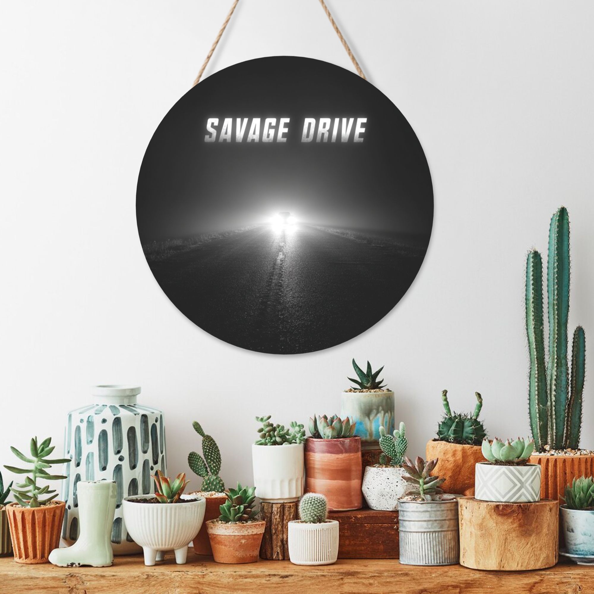 Black & White Minimalist Round Wooden Wall Art – 12" Diameter Retro Car Road Theme Hanging Décor, Thick Wood Panel with Waterproof Finish & Rope, Perfect for Living Room, Bedroom, Café, Bar, or Office