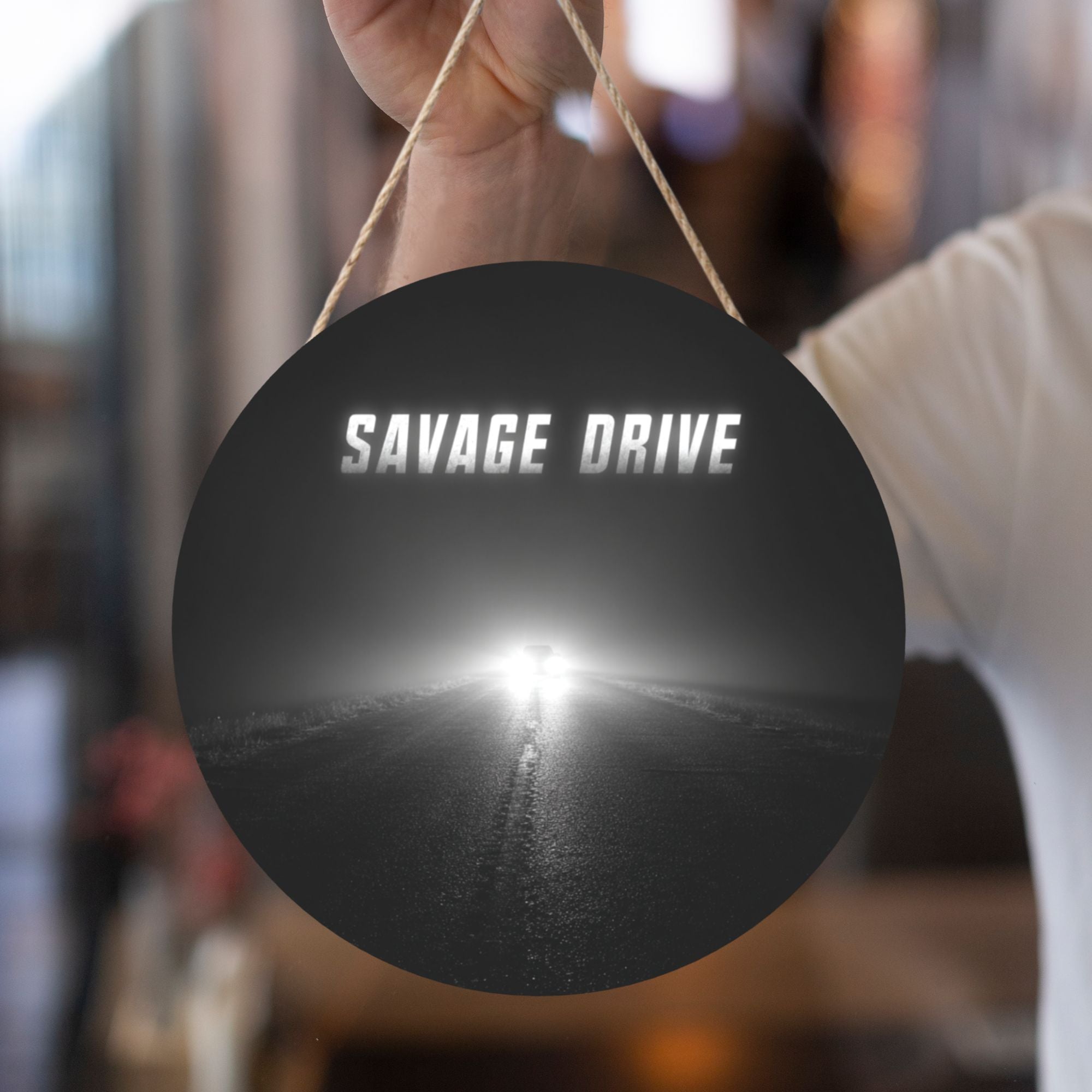 Black & White Minimalist Round Wooden Wall Art – 12" Diameter Retro Car Road Theme Hanging Décor, Thick Wood Panel with Waterproof Finish & Rope, Perfect for Living Room, Bedroom, Café, Bar, or Office