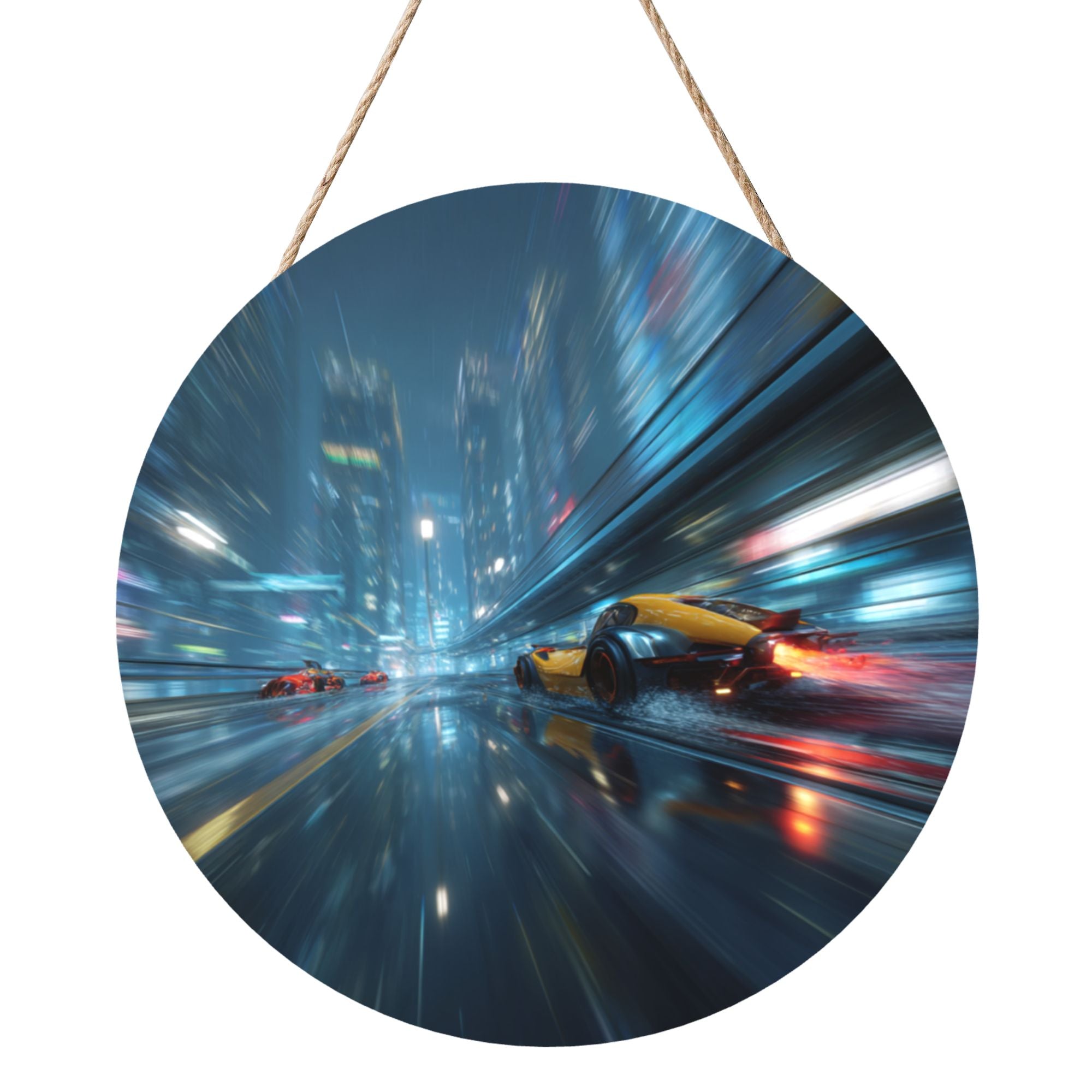Futuristic City Racing Theme Round Wooden Wall Art – 12" Diameter Hanging Décor with Thick Wood Panel, Waterproof Finish & Rope, Perfect for Living Room, Bedroom, Office, Café, or Bar