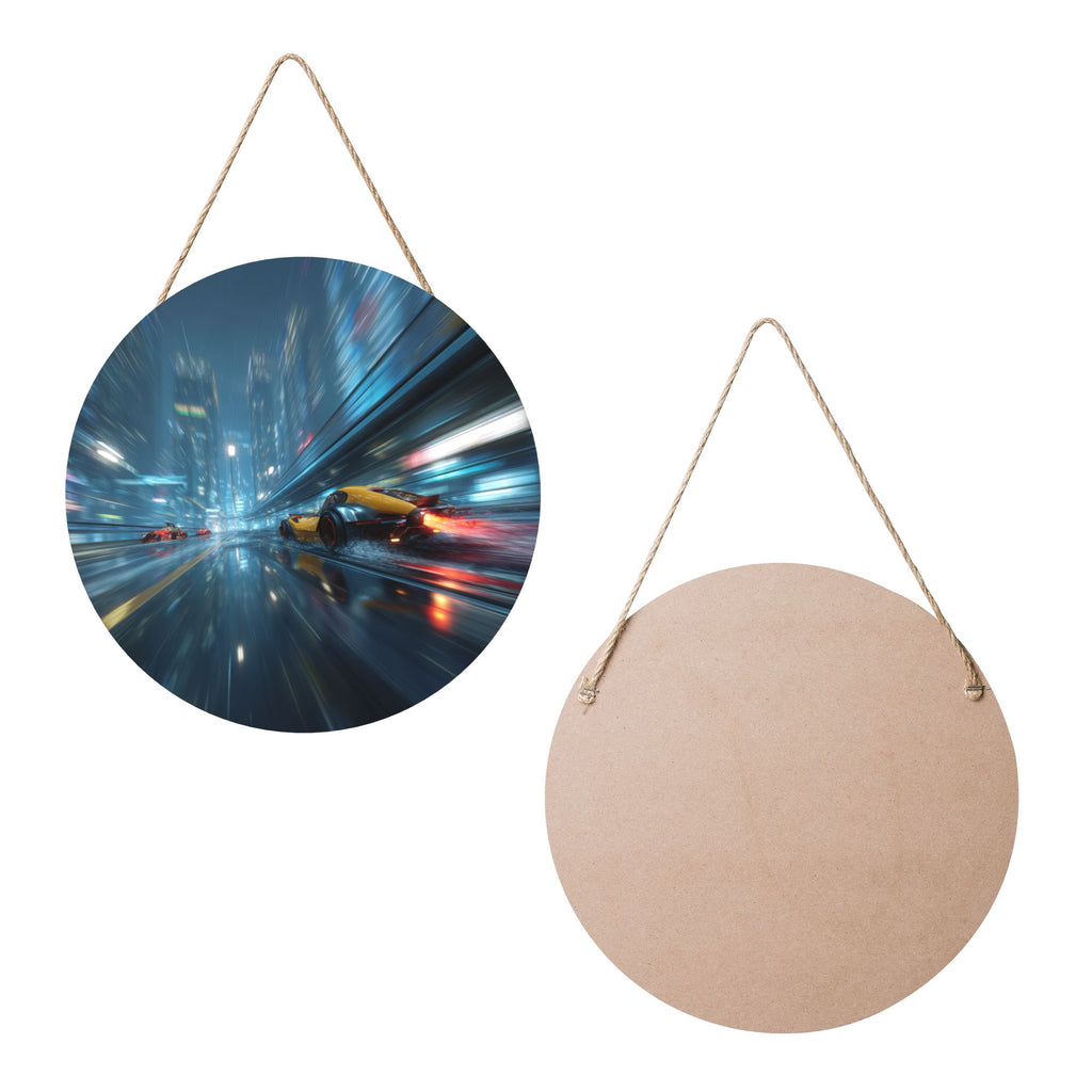 Futuristic City Racing Theme Round Wooden Wall Art – 12" Diameter Hanging Décor with Thick Wood Panel, Waterproof Finish & Rope, Perfect for Living Room, Bedroom, Office, Café, or Bar