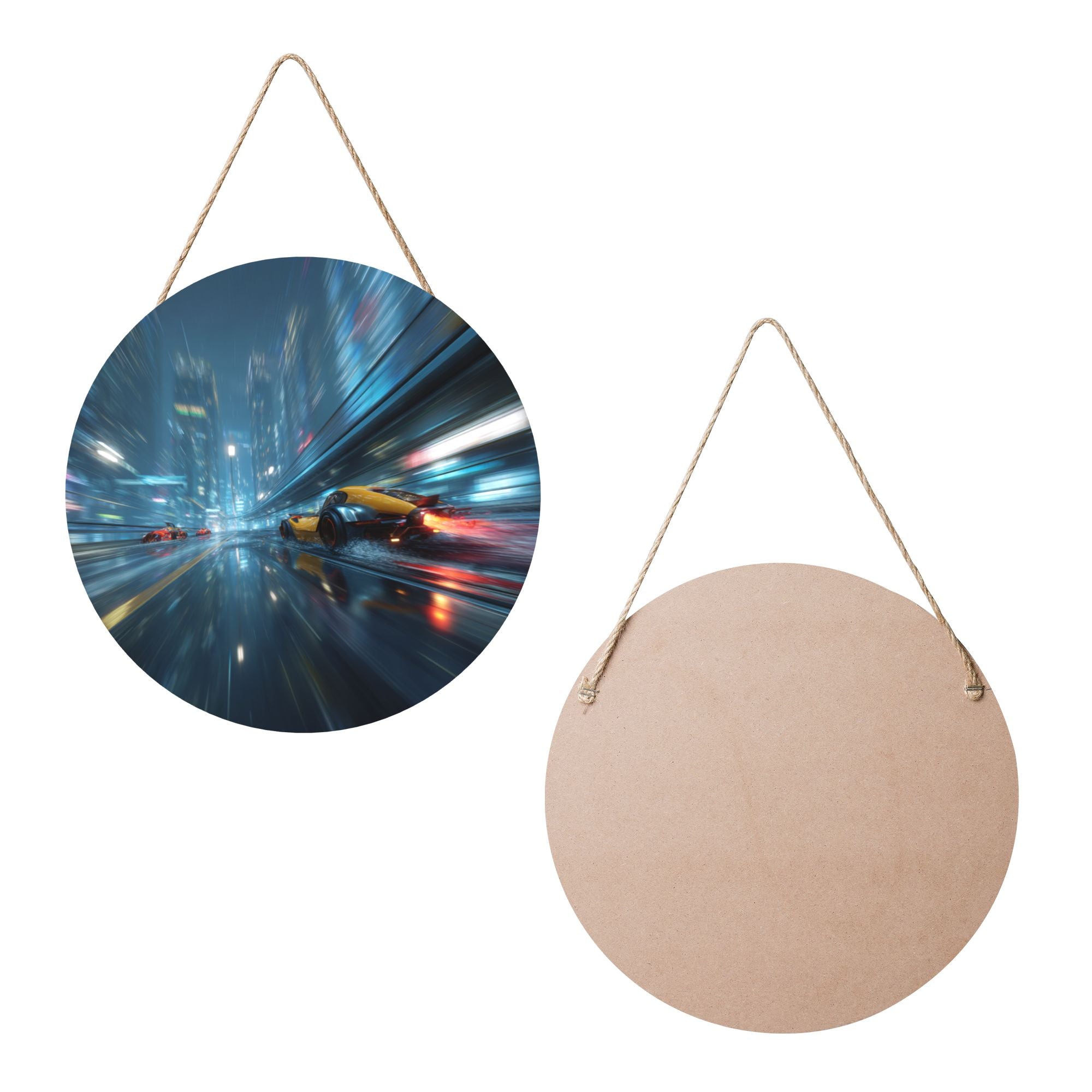 Futuristic City Racing Theme Round Wooden Wall Art – 12" Diameter Hanging Décor with Thick Wood Panel, Waterproof Finish & Rope, Perfect for Living Room, Bedroom, Office, Café, or Bar