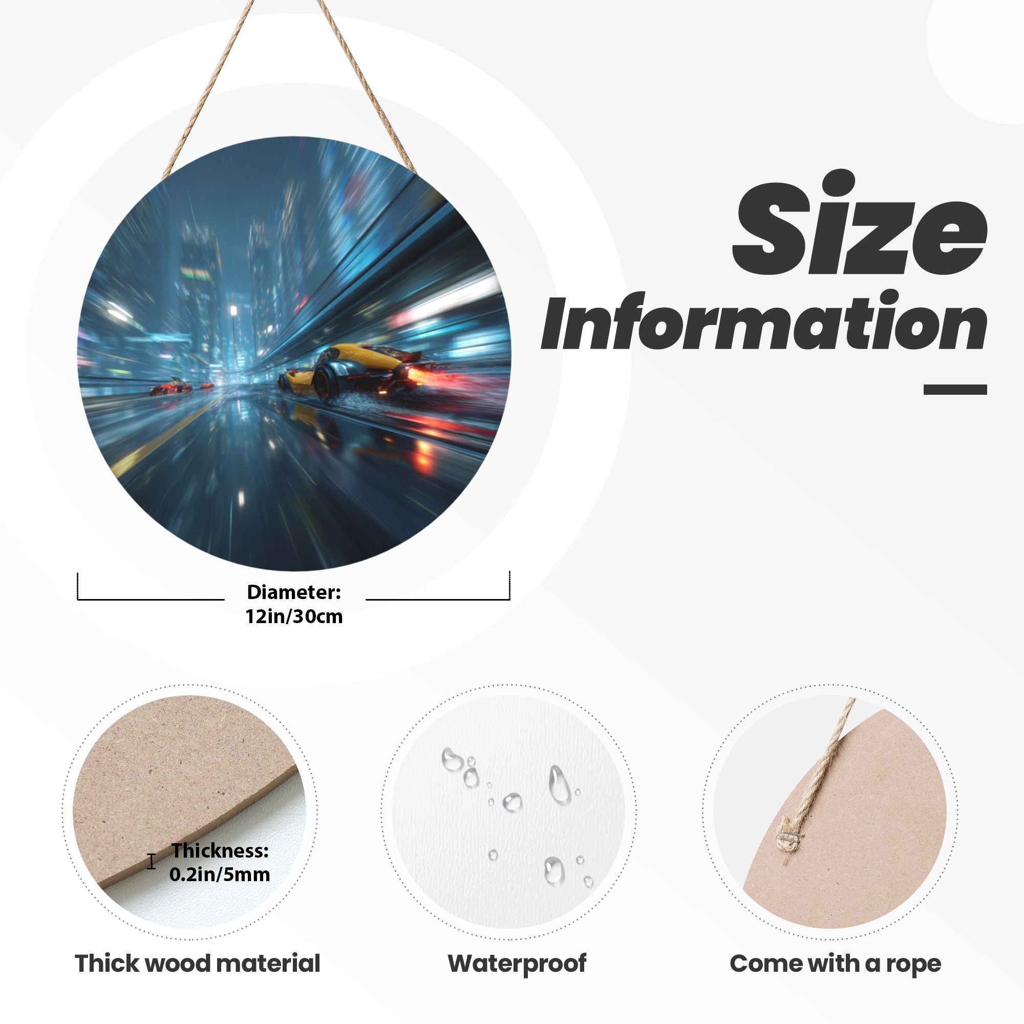 Futuristic City Racing Theme Round Wooden Wall Art – 12" Diameter Hanging Décor with Thick Wood Panel, Waterproof Finish & Rope, Perfect for Living Room, Bedroom, Office, Café, or Bar