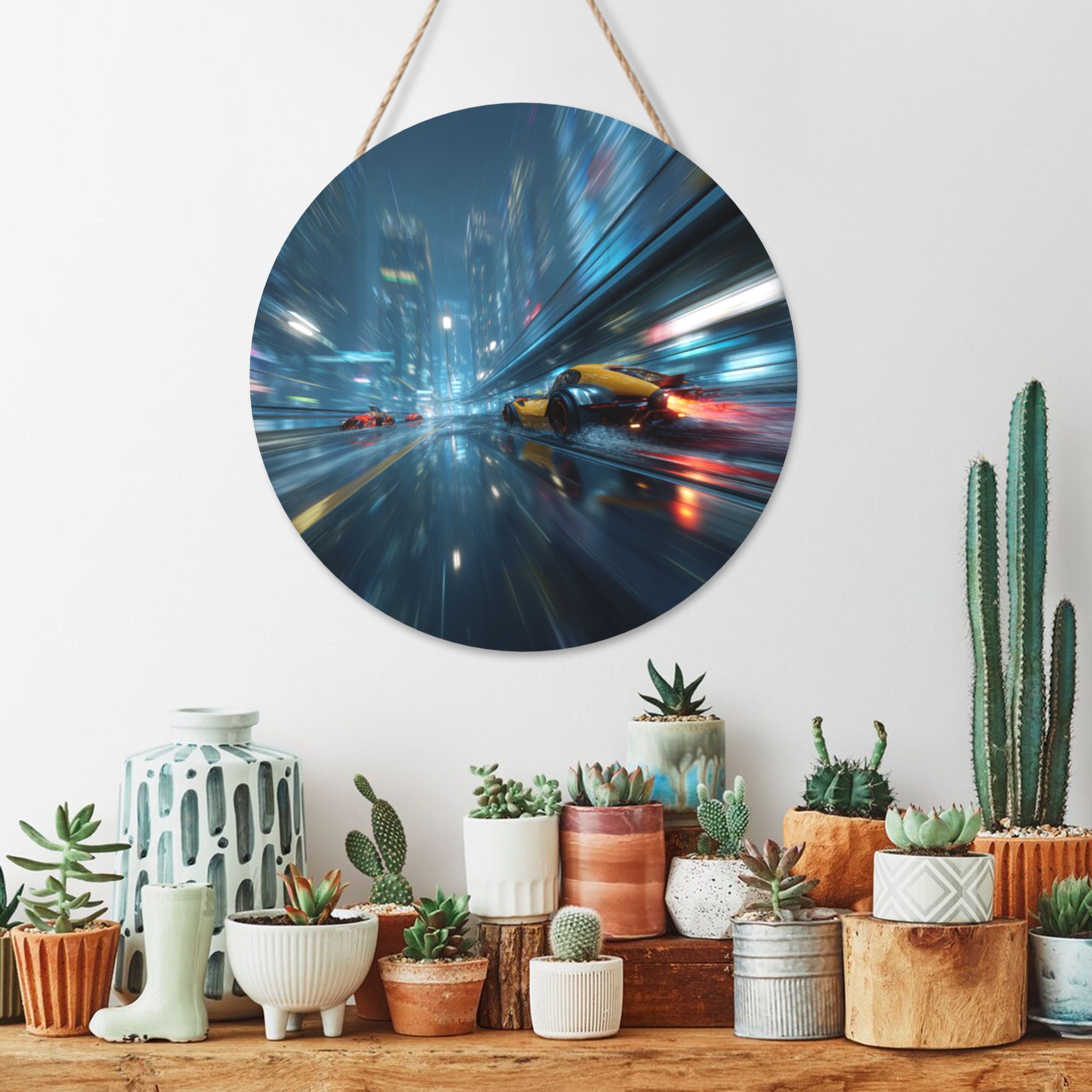 Futuristic City Racing Theme Round Wooden Wall Art – 12" Diameter Hanging Décor with Thick Wood Panel, Waterproof Finish & Rope, Perfect for Living Room, Bedroom, Office, Café, or Bar