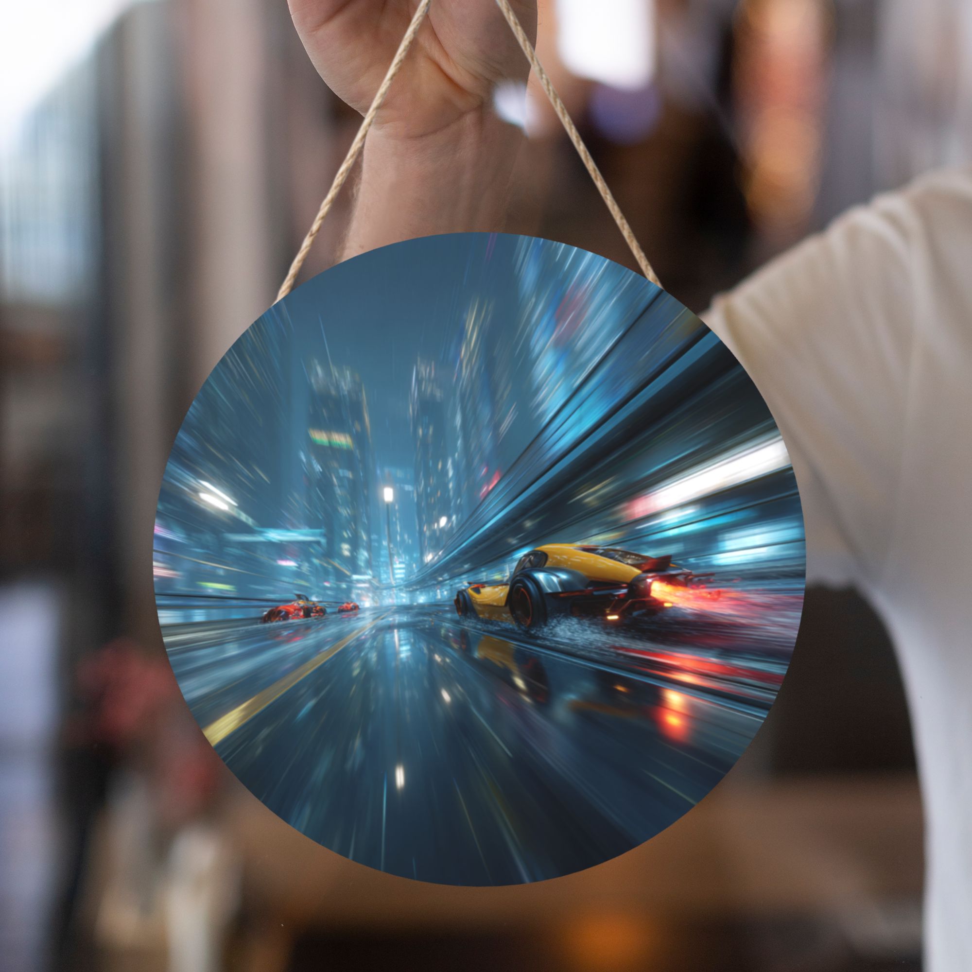 Futuristic City Racing Theme Round Wooden Wall Art – 12" Diameter Hanging Décor with Thick Wood Panel, Waterproof Finish & Rope, Perfect for Living Room, Bedroom, Office, Café, or Bar