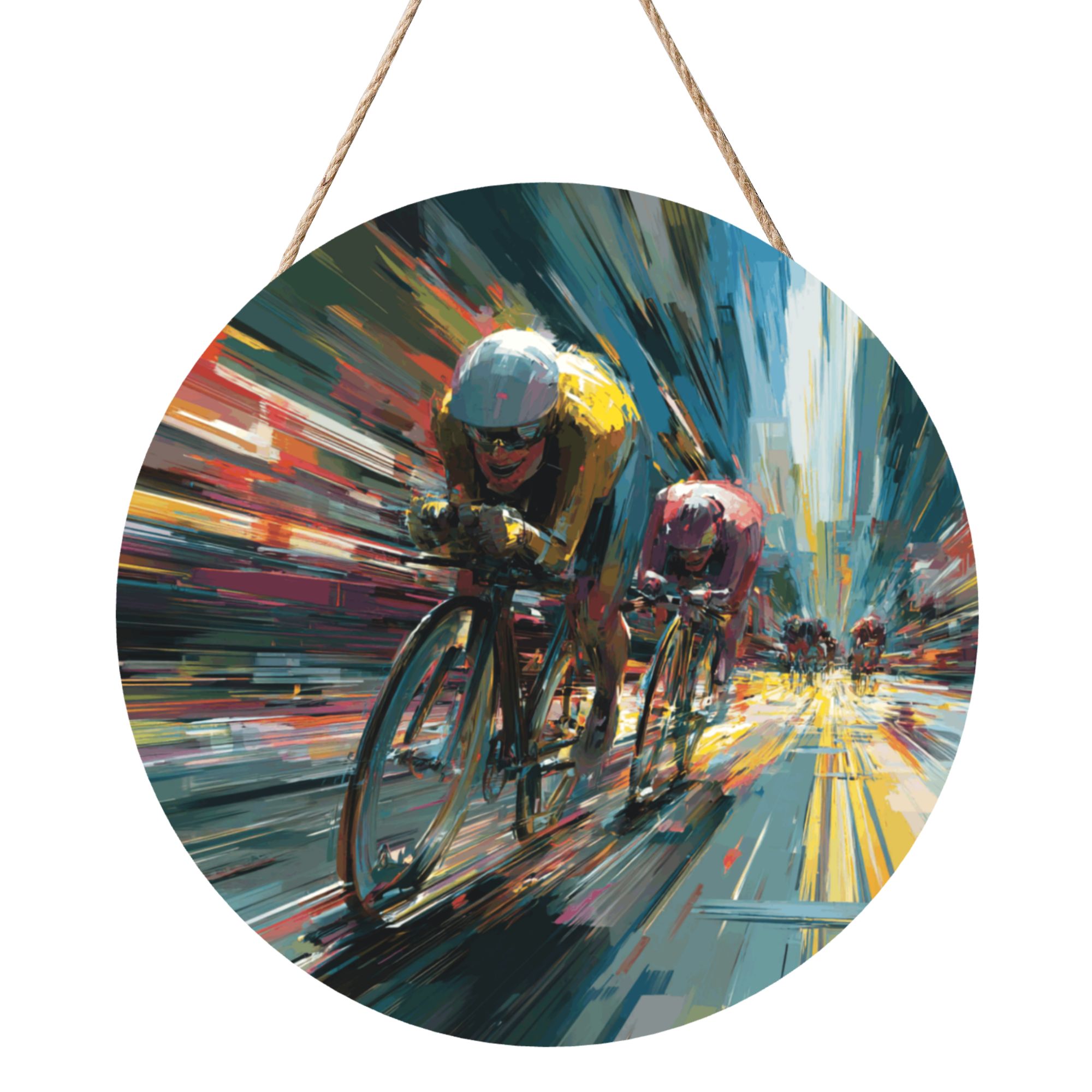 Cycling Race Theme Round Wooden Wall Art – 12" Diameter Hanging Décor with Thick Wood Panel, Waterproof Finish & Rope, Perfect for Living Room, Bedroom, Office, Gym, or Café