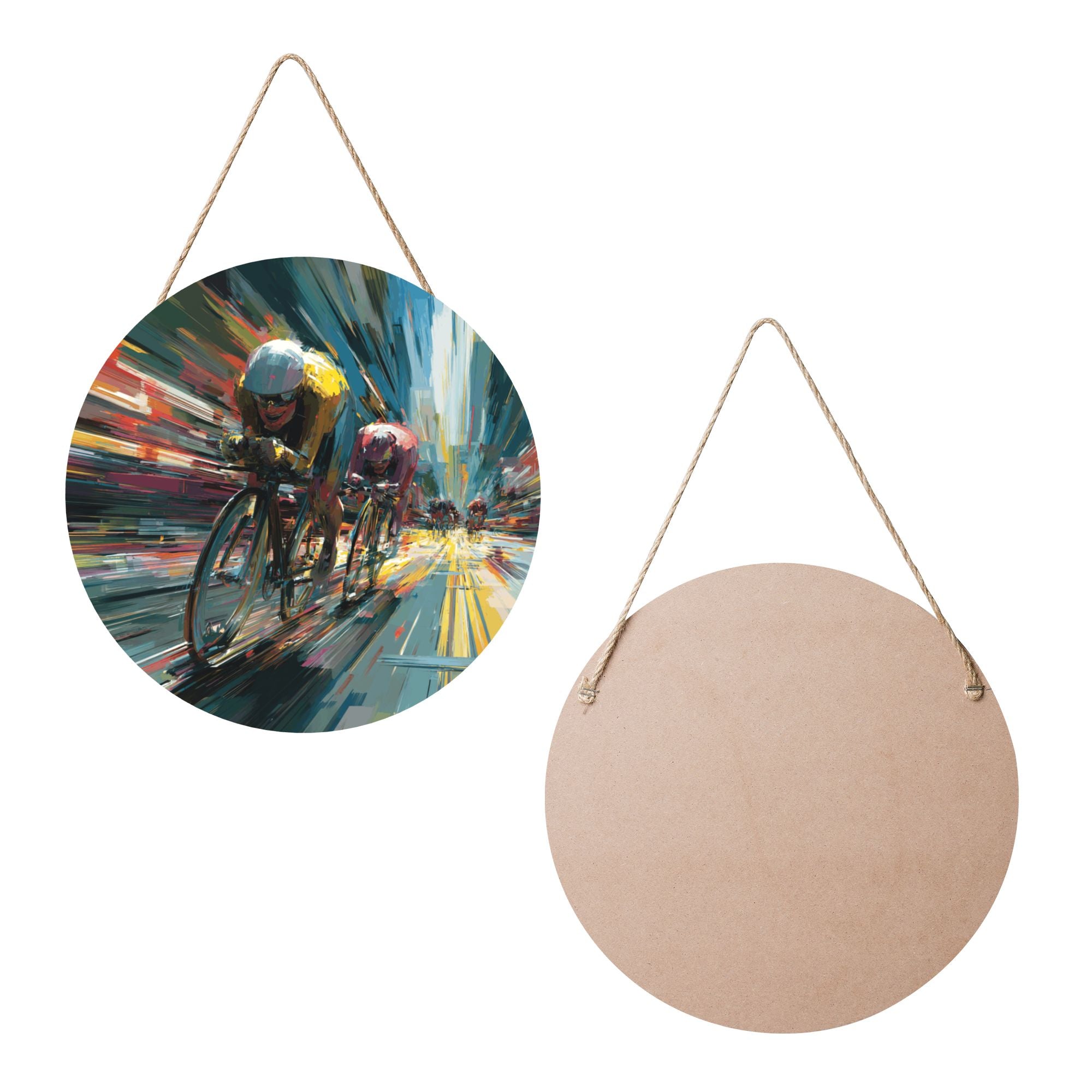 Cycling Race Theme Round Wooden Wall Art – 12" Diameter Hanging Décor with Thick Wood Panel, Waterproof Finish & Rope, Perfect for Living Room, Bedroom, Office, Gym, or Café