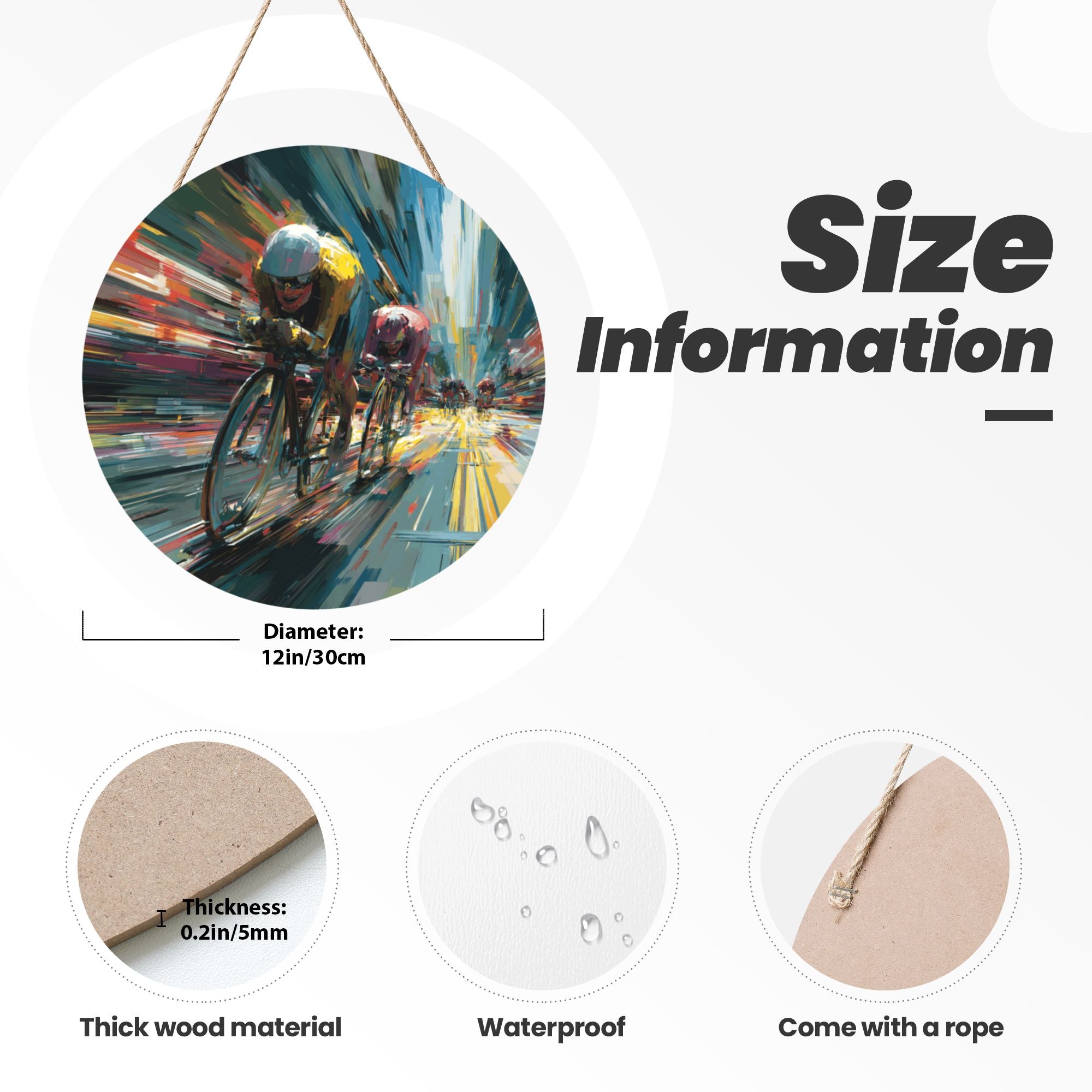 Cycling Race Theme Round Wooden Wall Art – 12" Diameter Hanging Décor with Thick Wood Panel, Waterproof Finish & Rope, Perfect for Living Room, Bedroom, Office, Gym, or Café