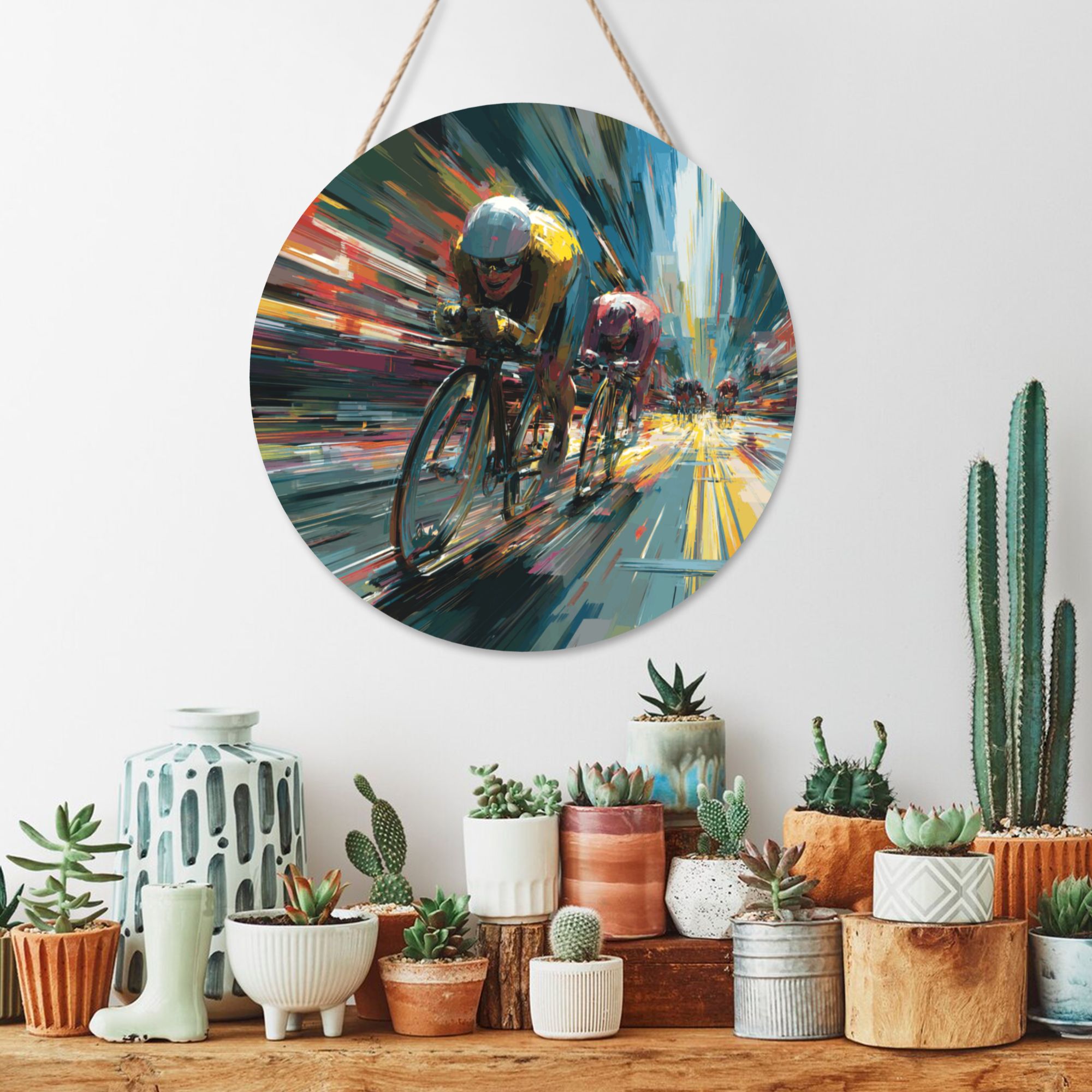 Cycling Race Theme Round Wooden Wall Art – 12" Diameter Hanging Décor with Thick Wood Panel, Waterproof Finish & Rope, Perfect for Living Room, Bedroom, Office, Gym, or Café