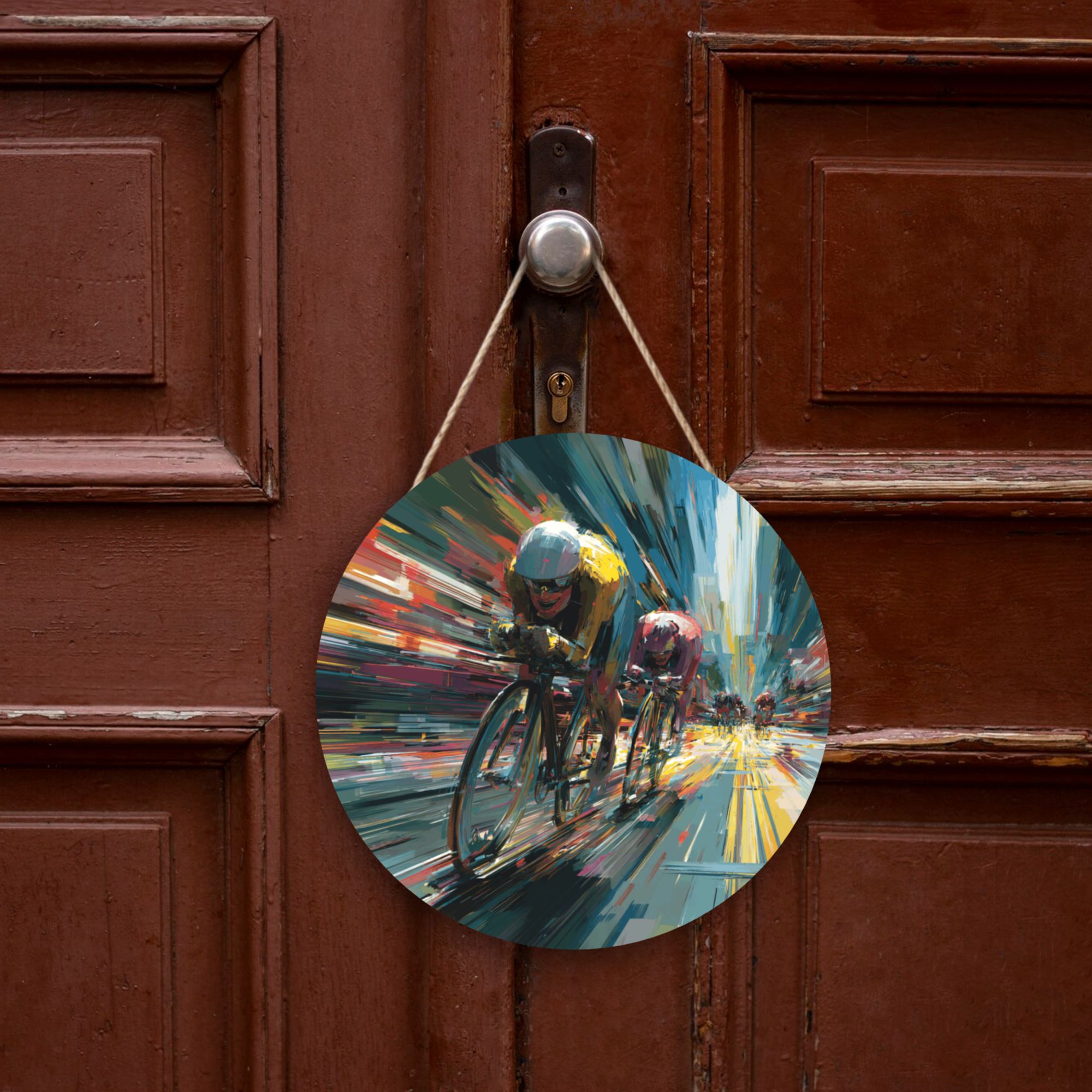 Cycling Race Theme Round Wooden Wall Art – 12" Diameter Hanging Décor with Thick Wood Panel, Waterproof Finish & Rope, Perfect for Living Room, Bedroom, Office, Gym, or Café