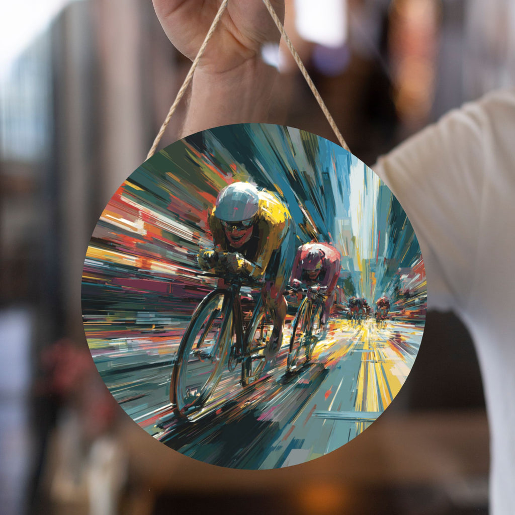Cycling Race Theme Round Wooden Wall Art – 12" Diameter Hanging Décor with Thick Wood Panel, Waterproof Finish & Rope, Perfect for Living Room, Bedroom, Office, Gym, or Café