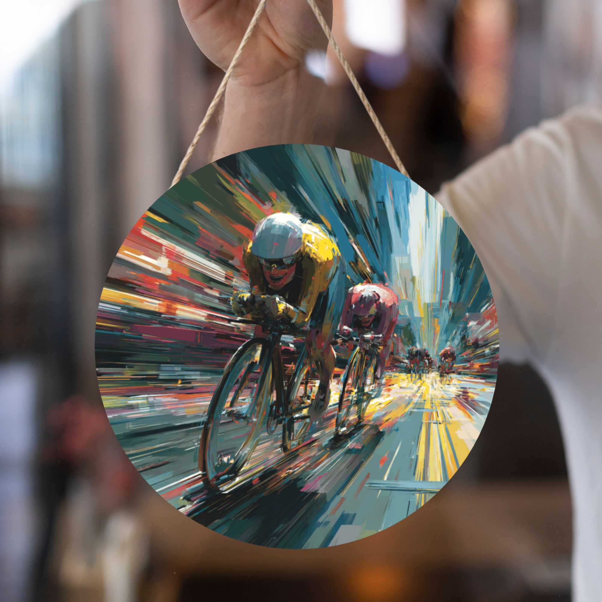 Cycling Race Theme Round Wooden Wall Art – 12" Diameter Hanging Décor with Thick Wood Panel, Waterproof Finish & Rope, Perfect for Living Room, Bedroom, Office, Gym, or Café