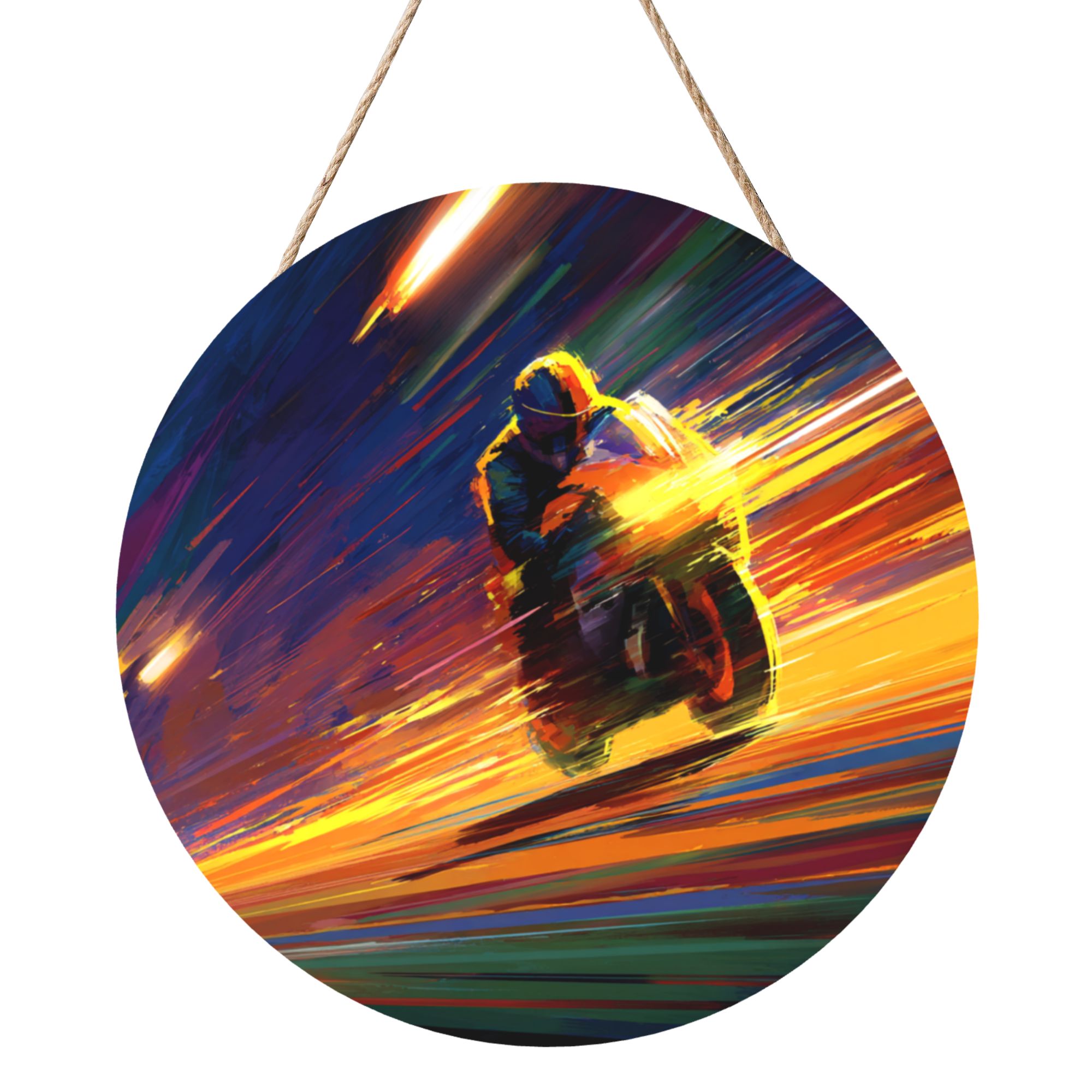 Motorcycle Racing Theme Round Wooden Wall Art – 12" Diameter Hanging Décor with Thick Wood Panel, Waterproof Finish & Rope, Ideal for Living Room, Bedroom, Office, Café, or Bar