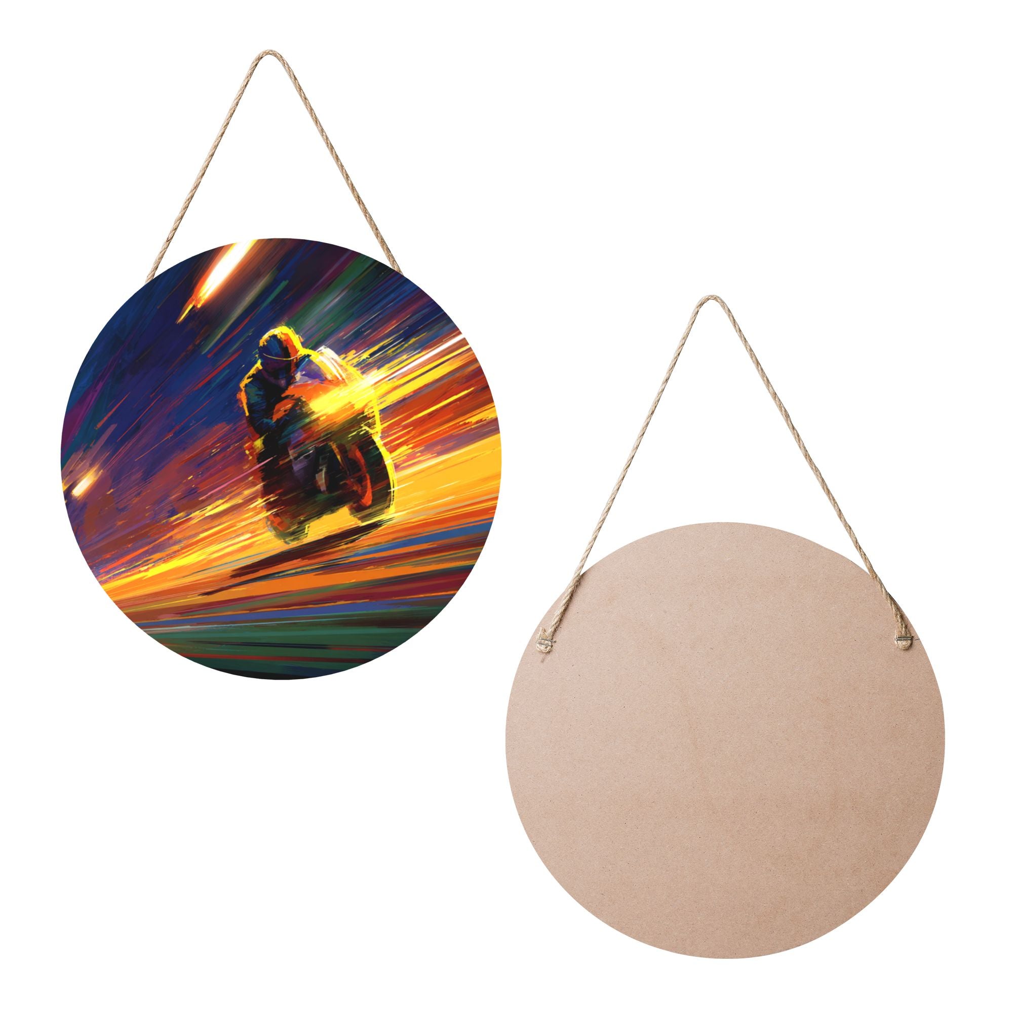 Motorcycle Racing Theme Round Wooden Wall Art – 12" Diameter Hanging Décor with Thick Wood Panel, Waterproof Finish & Rope, Ideal for Living Room, Bedroom, Office, Café, or Bar