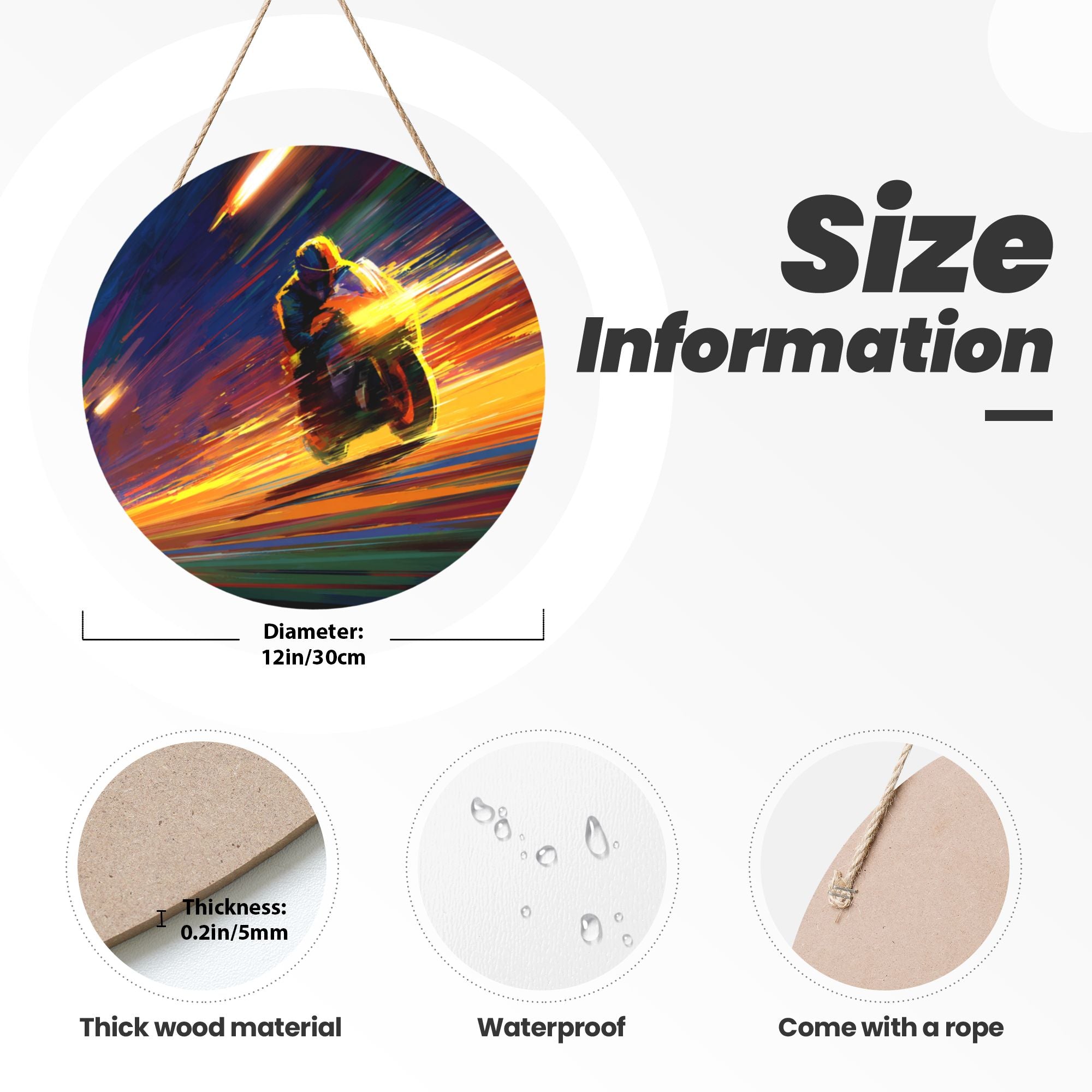 Motorcycle Racing Theme Round Wooden Wall Art – 12" Diameter Hanging Décor with Thick Wood Panel, Waterproof Finish & Rope, Ideal for Living Room, Bedroom, Office, Café, or Bar