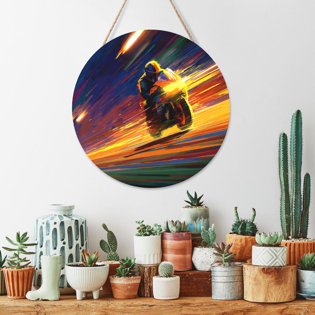 Motorcycle Racing Theme Round Wooden Wall Art – 12" Diameter Hanging Décor with Thick Wood Panel, Waterproof Finish & Rope, Ideal for Living Room, Bedroom, Office, Café, or Bar