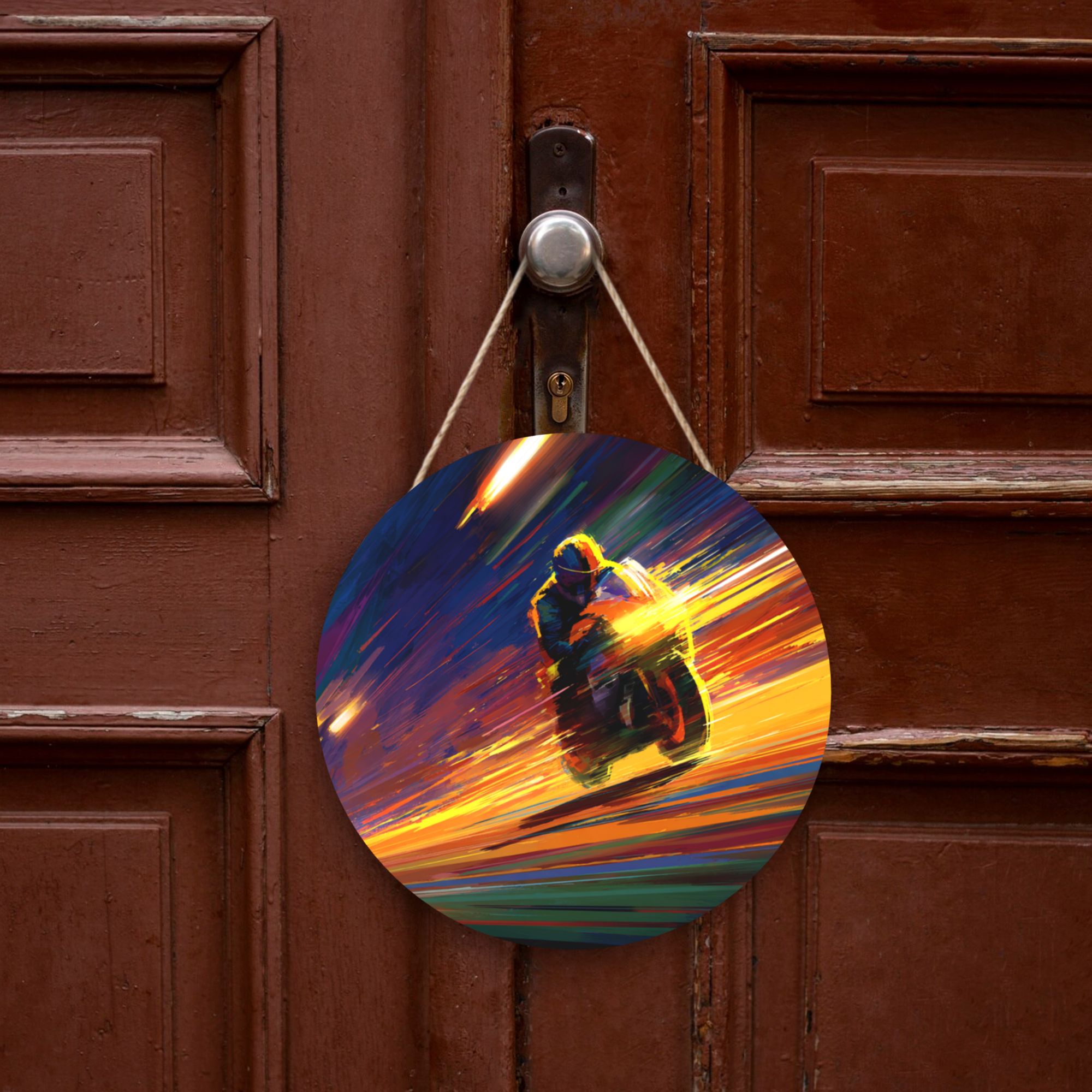 Motorcycle Racing Theme Round Wooden Wall Art – 12" Diameter Hanging Décor with Thick Wood Panel, Waterproof Finish & Rope, Ideal for Living Room, Bedroom, Office, Café, or Bar