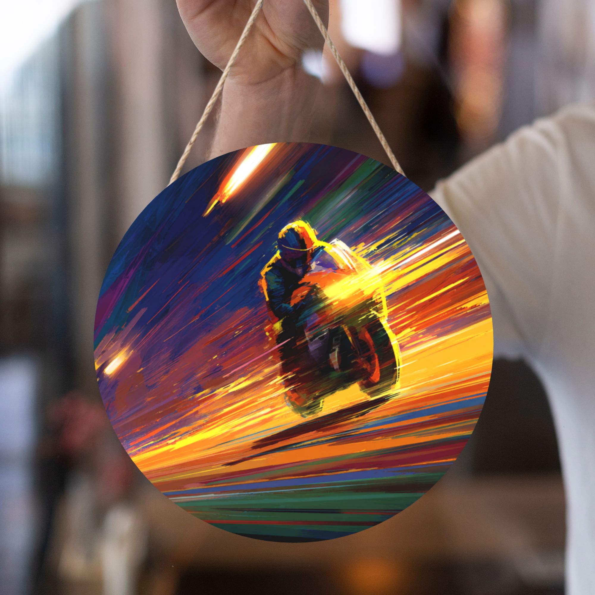 Motorcycle Racing Theme Round Wooden Wall Art – 12" Diameter Hanging Décor with Thick Wood Panel, Waterproof Finish & Rope, Ideal for Living Room, Bedroom, Office, Café, or Bar