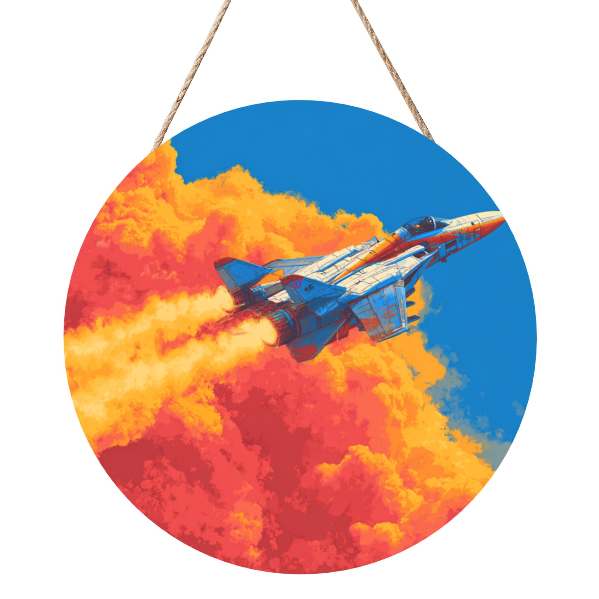 Fighter Jet Theme Round Wooden Wall Art – 12" Diameter Hanging Décor with Thick Wood Panel, Waterproof Finish & Rope, Modern Aviation-Inspired Home and Office Decoration