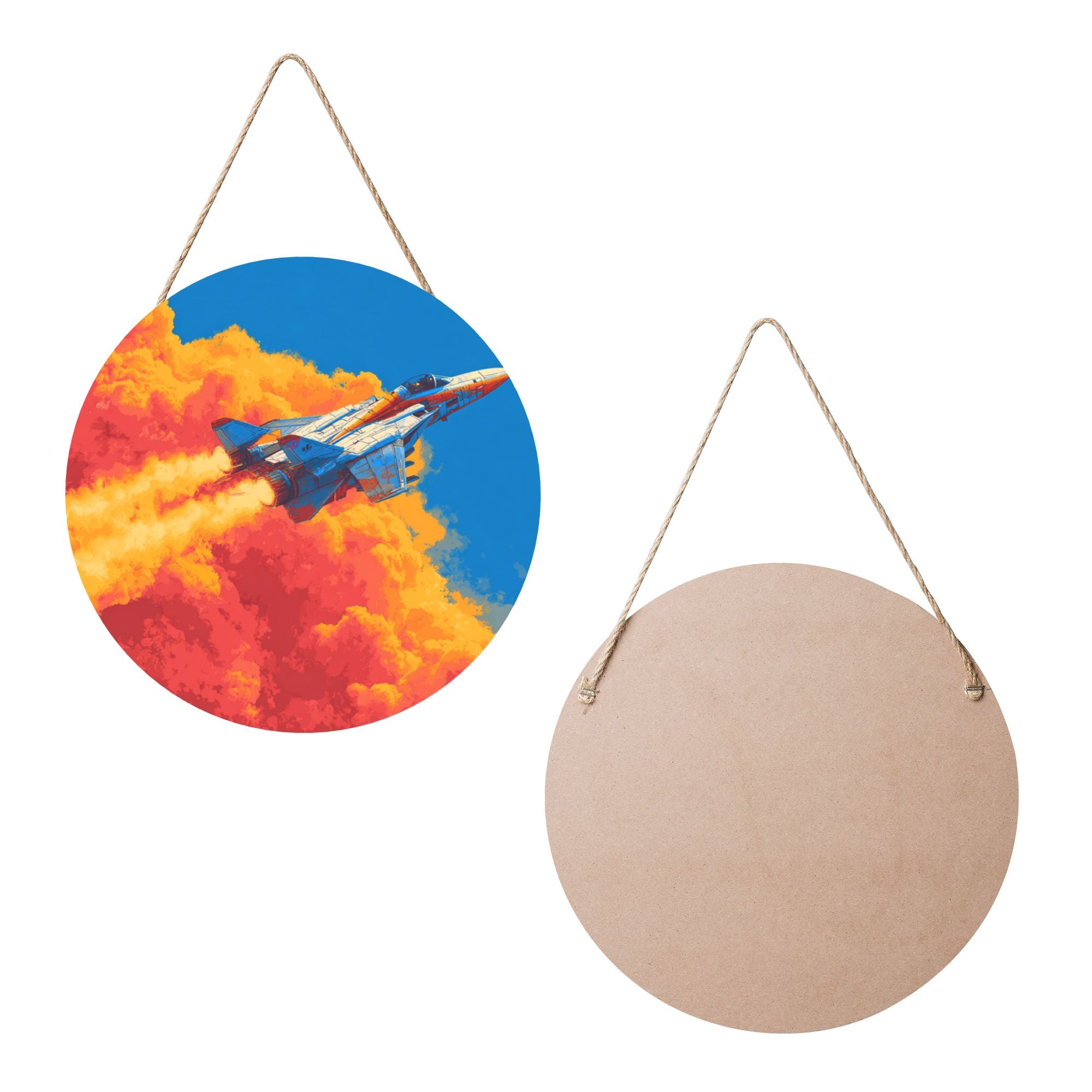 Fighter Jet Theme Round Wooden Wall Art – 12" Diameter Hanging Décor with Thick Wood Panel, Waterproof Finish & Rope, Modern Aviation-Inspired Home and Office Decoration