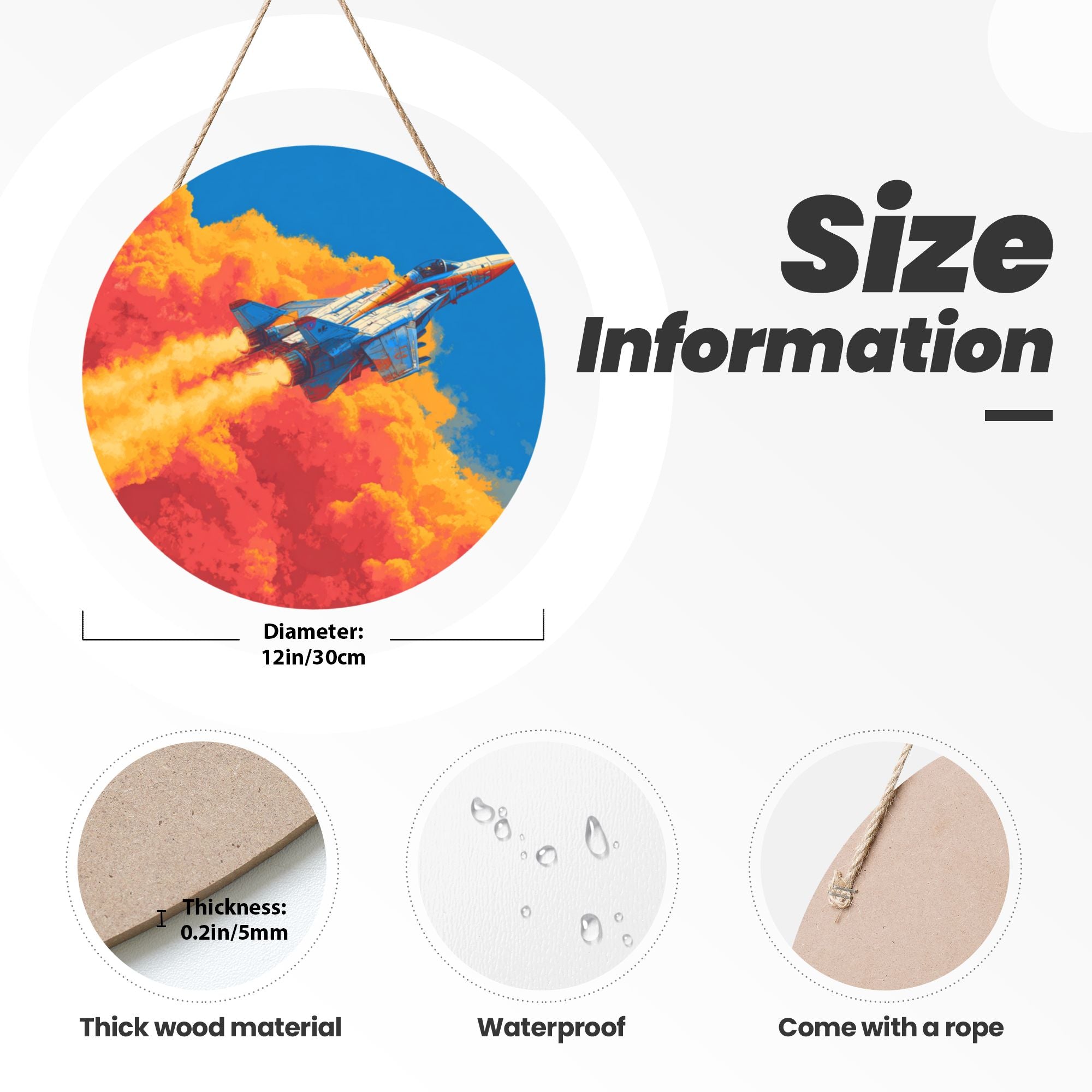 Fighter Jet Theme Round Wooden Wall Art – 12" Diameter Hanging Décor with Thick Wood Panel, Waterproof Finish & Rope, Modern Aviation-Inspired Home and Office Decoration