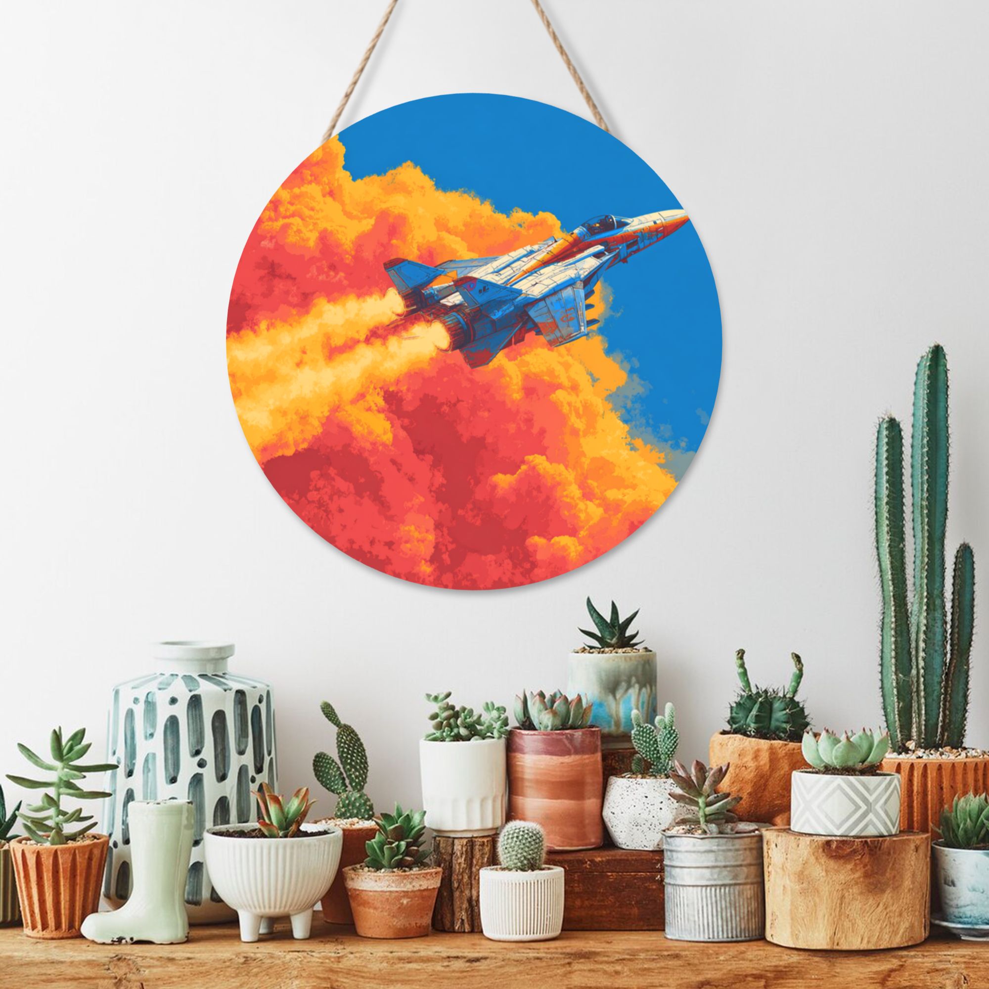 Fighter Jet Theme Round Wooden Wall Art – 12" Diameter Hanging Décor with Thick Wood Panel, Waterproof Finish & Rope, Modern Aviation-Inspired Home and Office Decoration