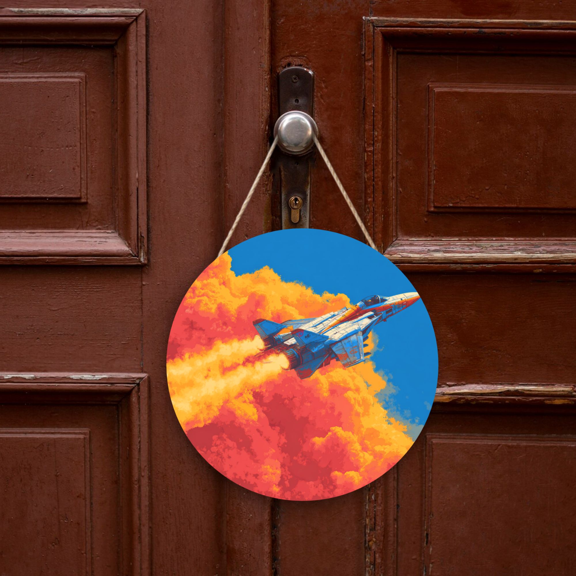 Fighter Jet Theme Round Wooden Wall Art – 12" Diameter Hanging Décor with Thick Wood Panel, Waterproof Finish & Rope, Modern Aviation-Inspired Home and Office Decoration