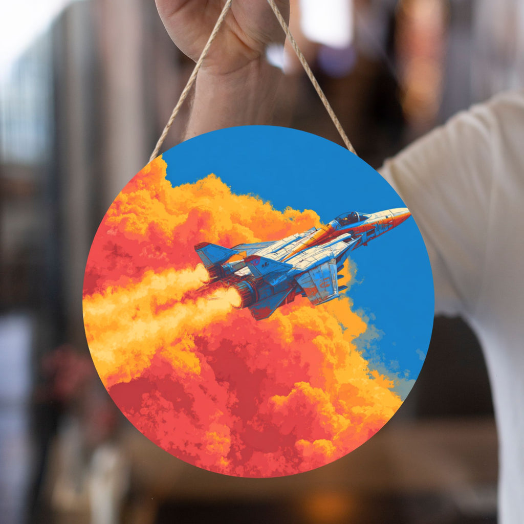 Fighter Jet Theme Round Wooden Wall Art – 12" Diameter Hanging Décor with Thick Wood Panel, Waterproof Finish & Rope, Modern Aviation-Inspired Home and Office Decoration