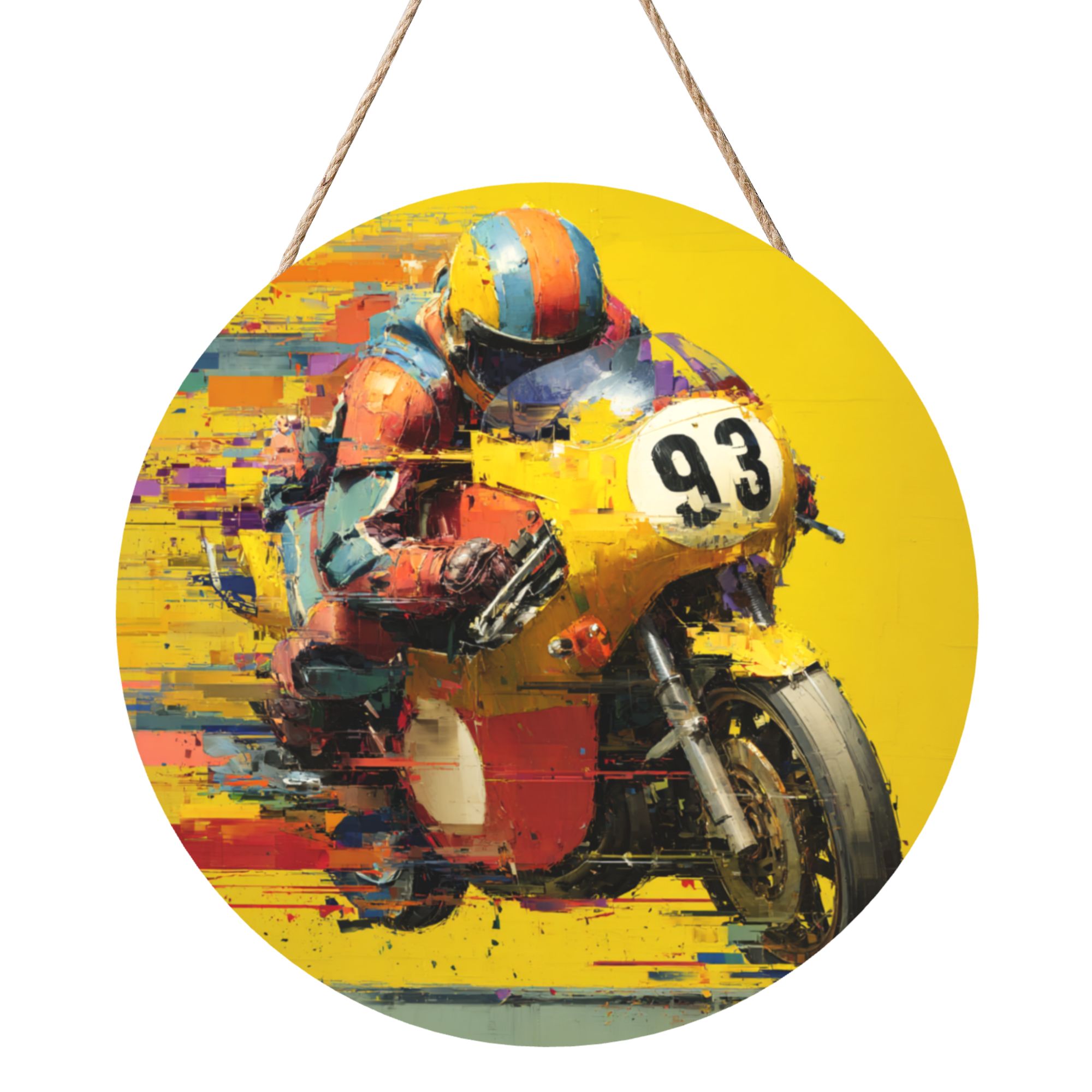 Motorcycle Racer Theme Round Wooden Wall Art – 12" Diameter, Thick Wood Panel, Waterproof Finish with Hanging Rope, Modern Sport-Inspired Home and Office Décor