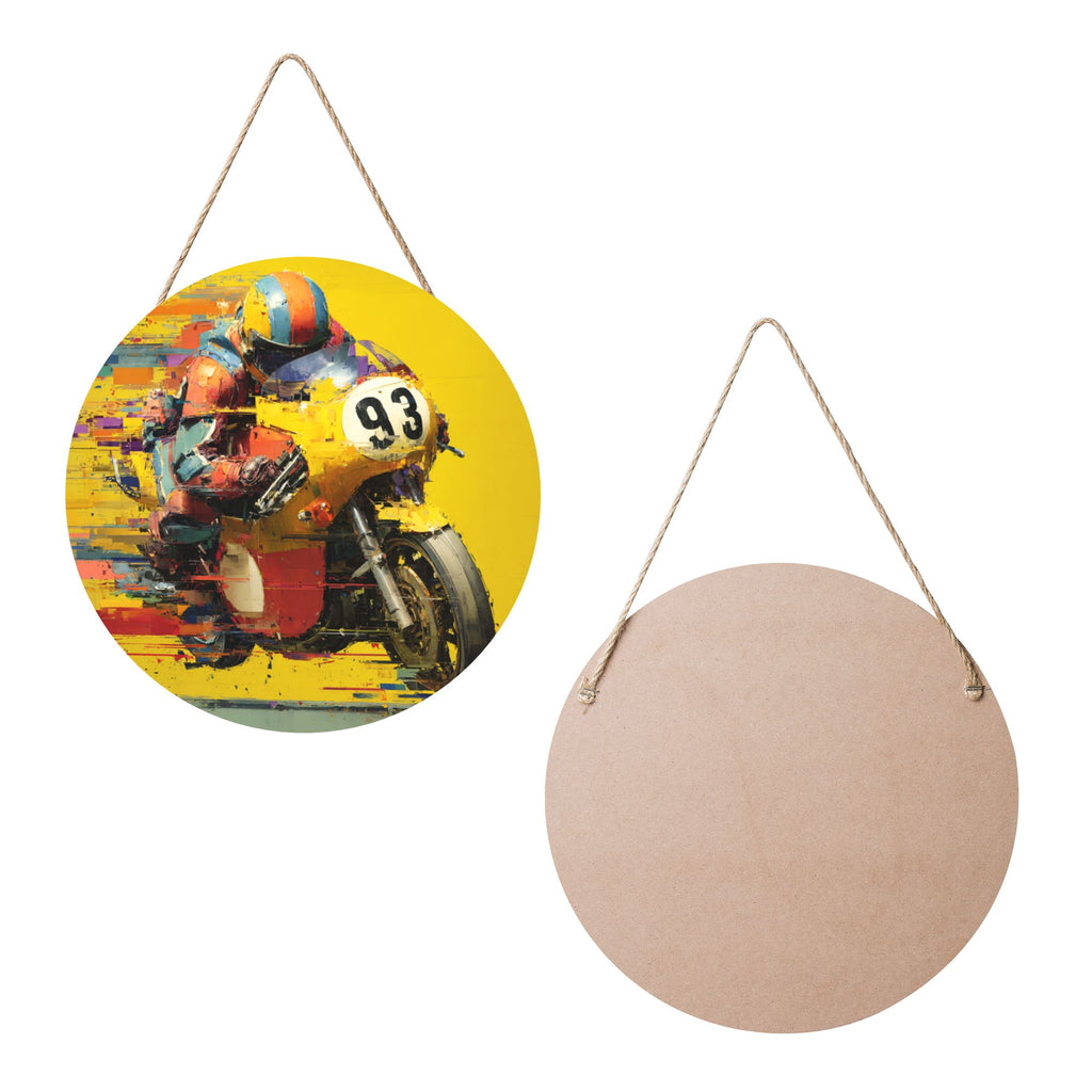 Motorcycle Racer Theme Round Wooden Wall Art – 12" Diameter, Thick Wood Panel, Waterproof Finish with Hanging Rope, Modern Sport-Inspired Home and Office Décor