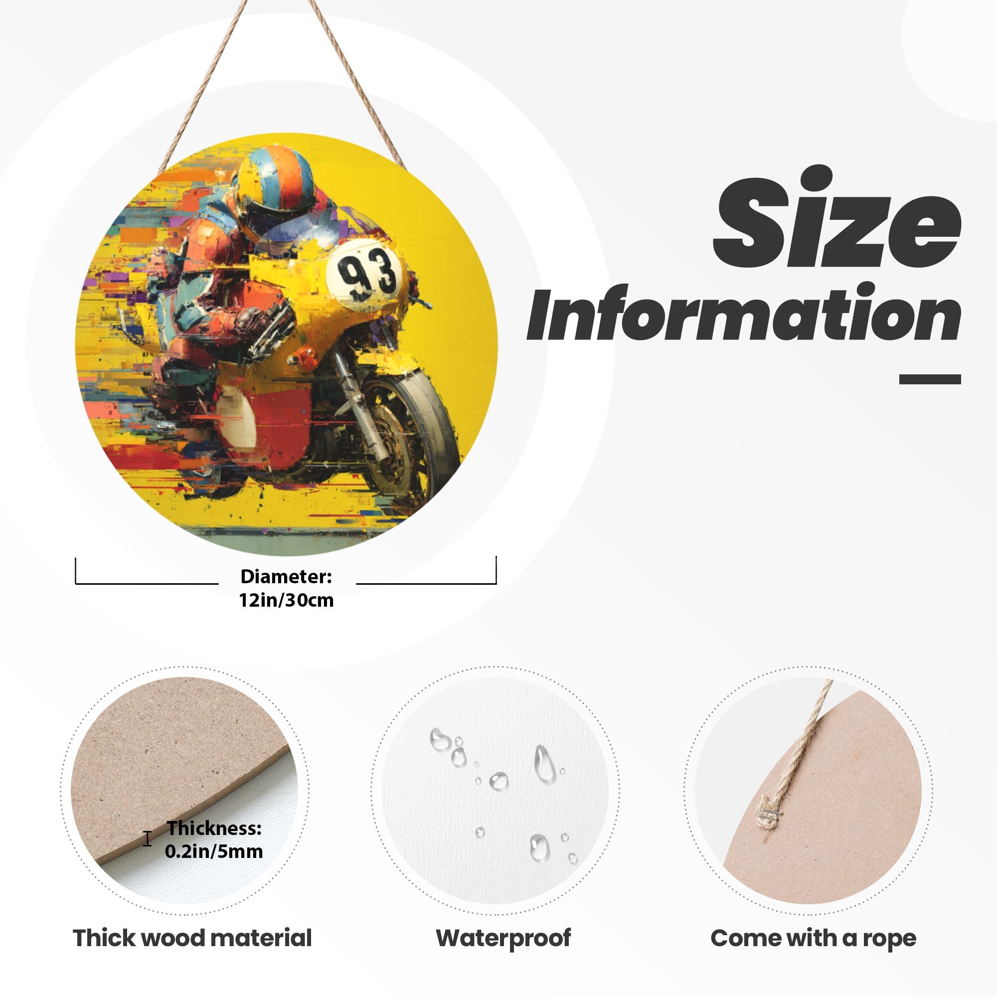 Motorcycle Racer Theme Round Wooden Wall Art – 12" Diameter, Thick Wood Panel, Waterproof Finish with Hanging Rope, Modern Sport-Inspired Home and Office Décor