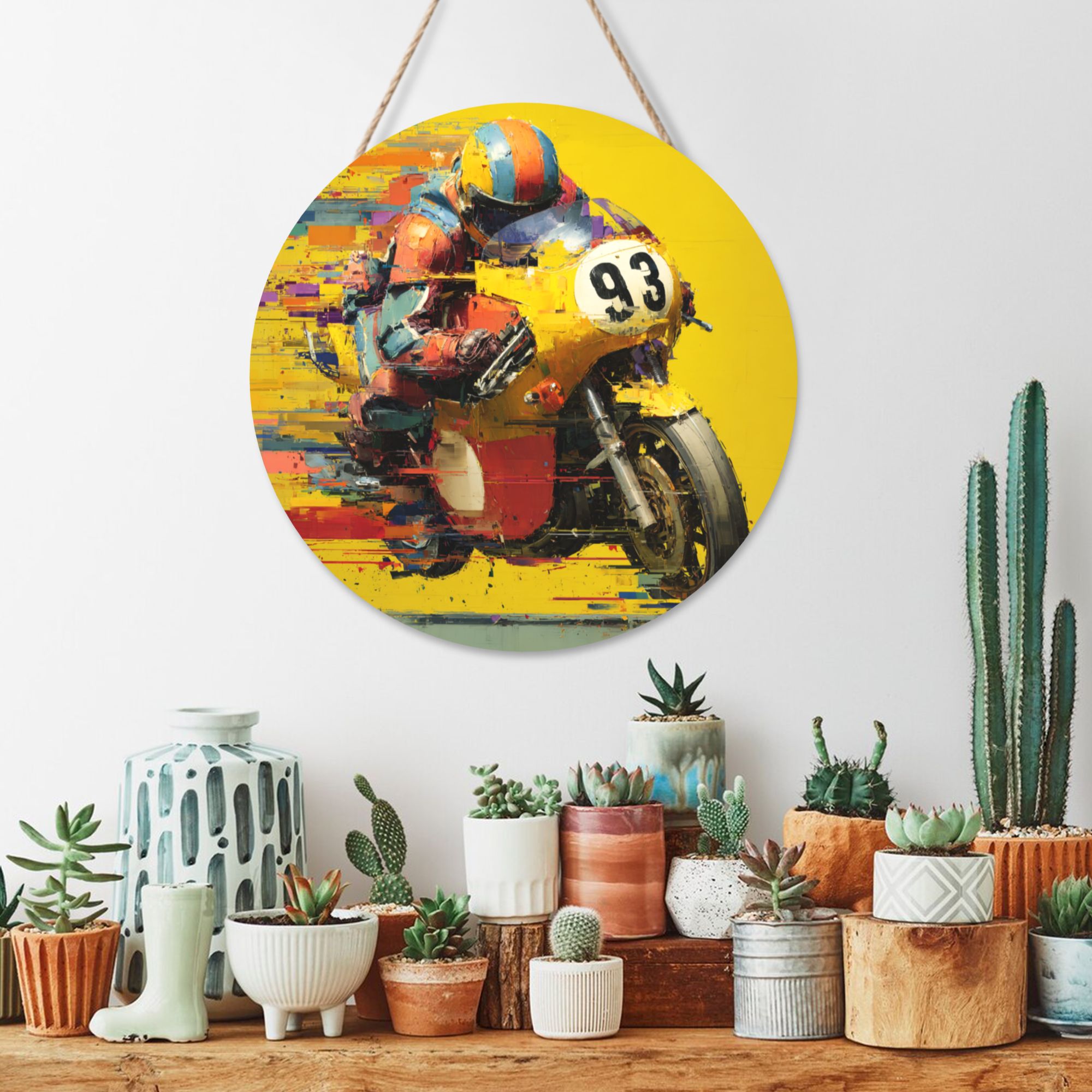 Motorcycle Racer Theme Round Wooden Wall Art – 12" Diameter, Thick Wood Panel, Waterproof Finish with Hanging Rope, Modern Sport-Inspired Home and Office Décor