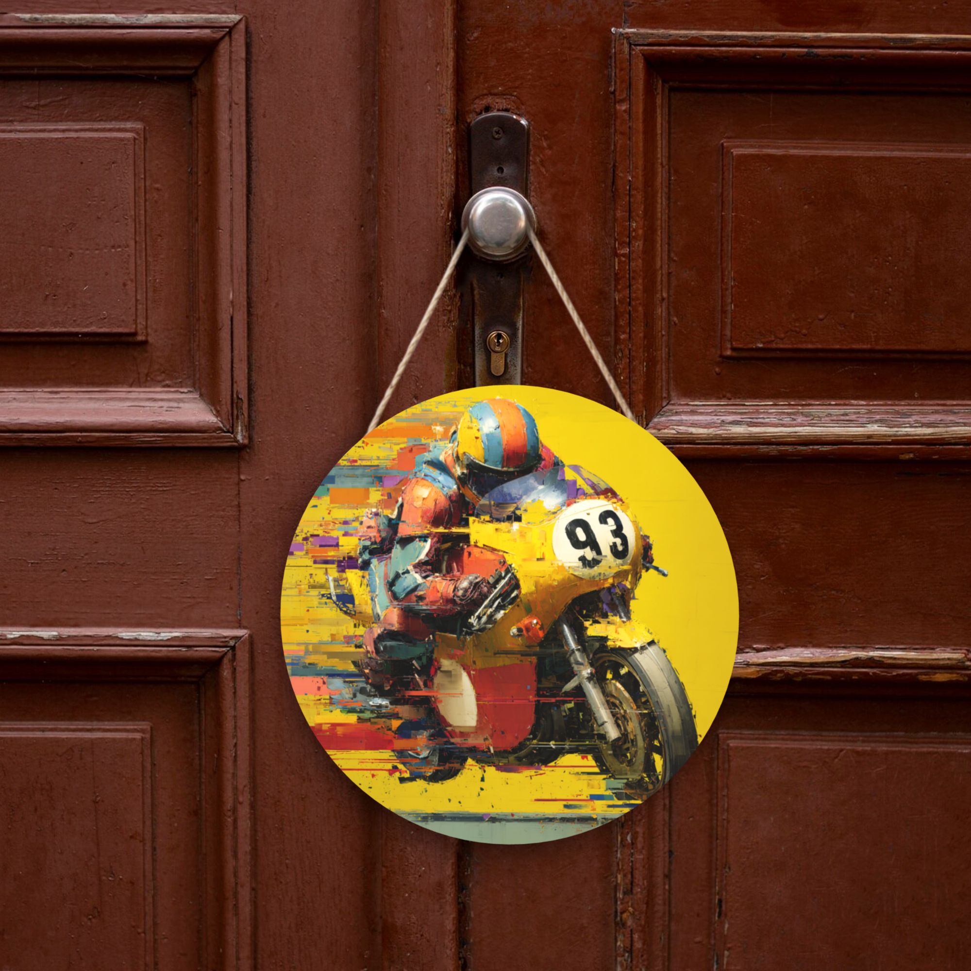 Motorcycle Racer Theme Round Wooden Wall Art – 12" Diameter, Thick Wood Panel, Waterproof Finish with Hanging Rope, Modern Sport-Inspired Home and Office Décor