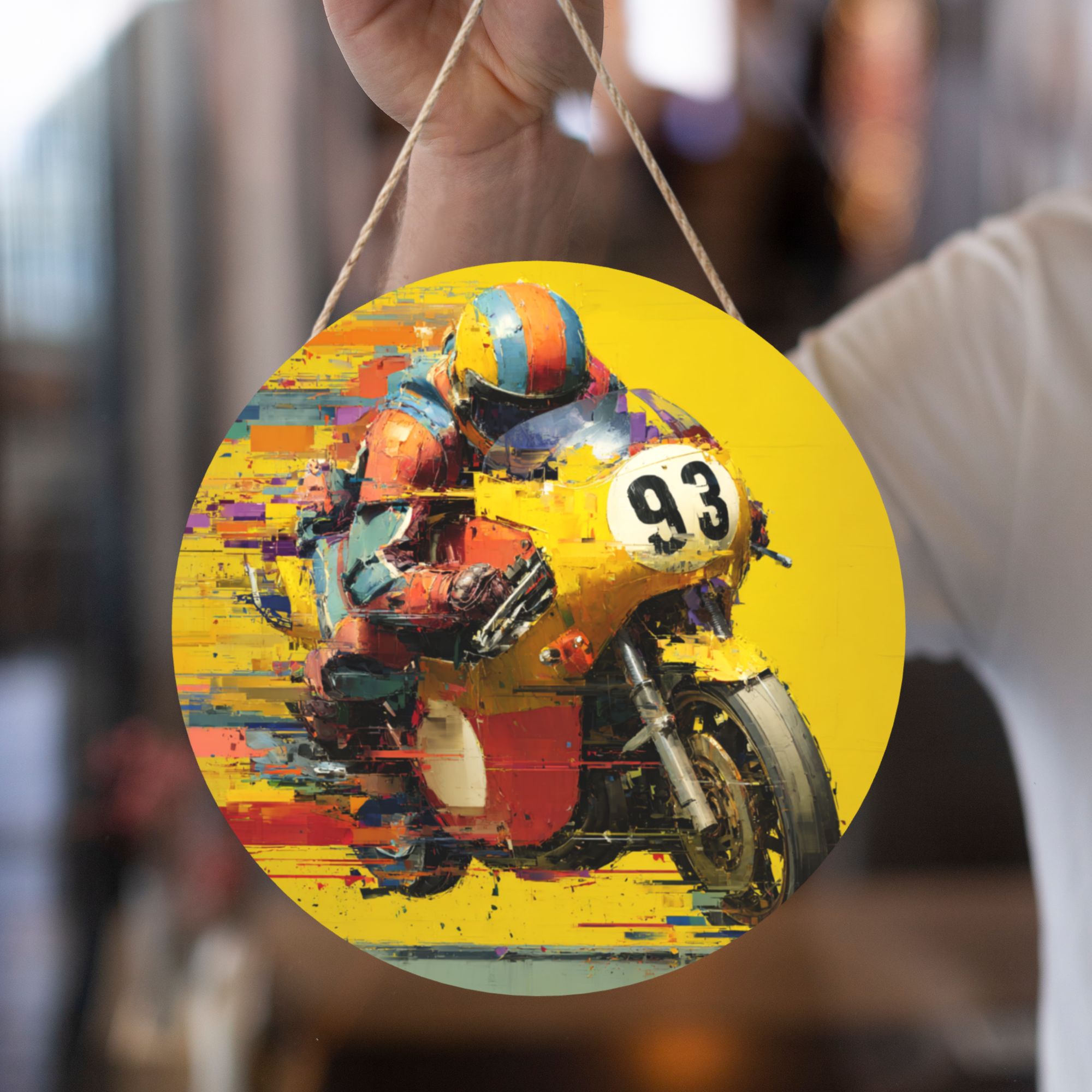 Motorcycle Racer Theme Round Wooden Wall Art – 12" Diameter, Thick Wood Panel, Waterproof Finish with Hanging Rope, Modern Sport-Inspired Home and Office Décor